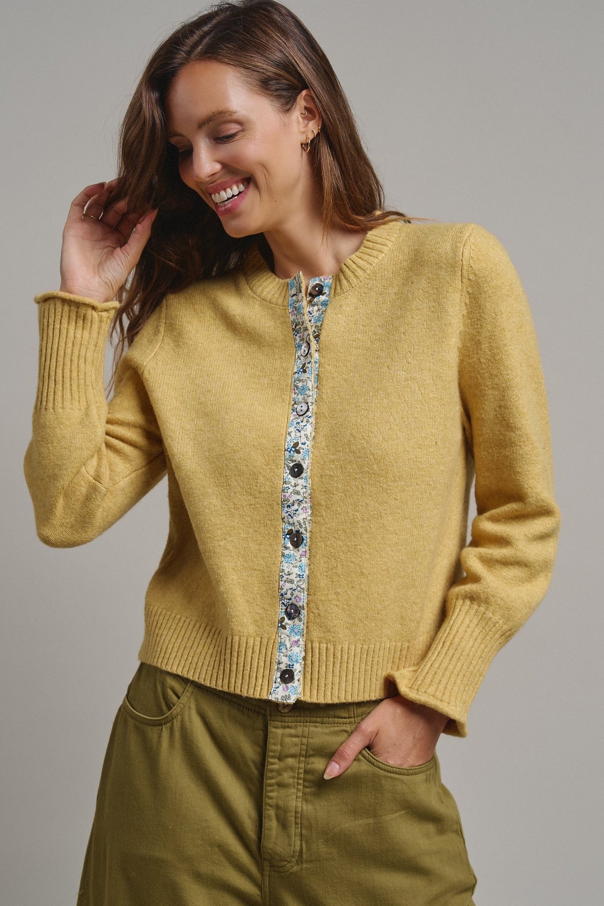 Floral Contrast Wool Blend Crew Neck Cardigan in HONEY GOLD - Women's Cardigans & Shrugs | Urban Daizy