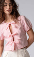 Urban Daizy Gingham Triple Bow Puff Sleeve Crop Top Pink Blouse - Women's (UDZ-TP-01033)