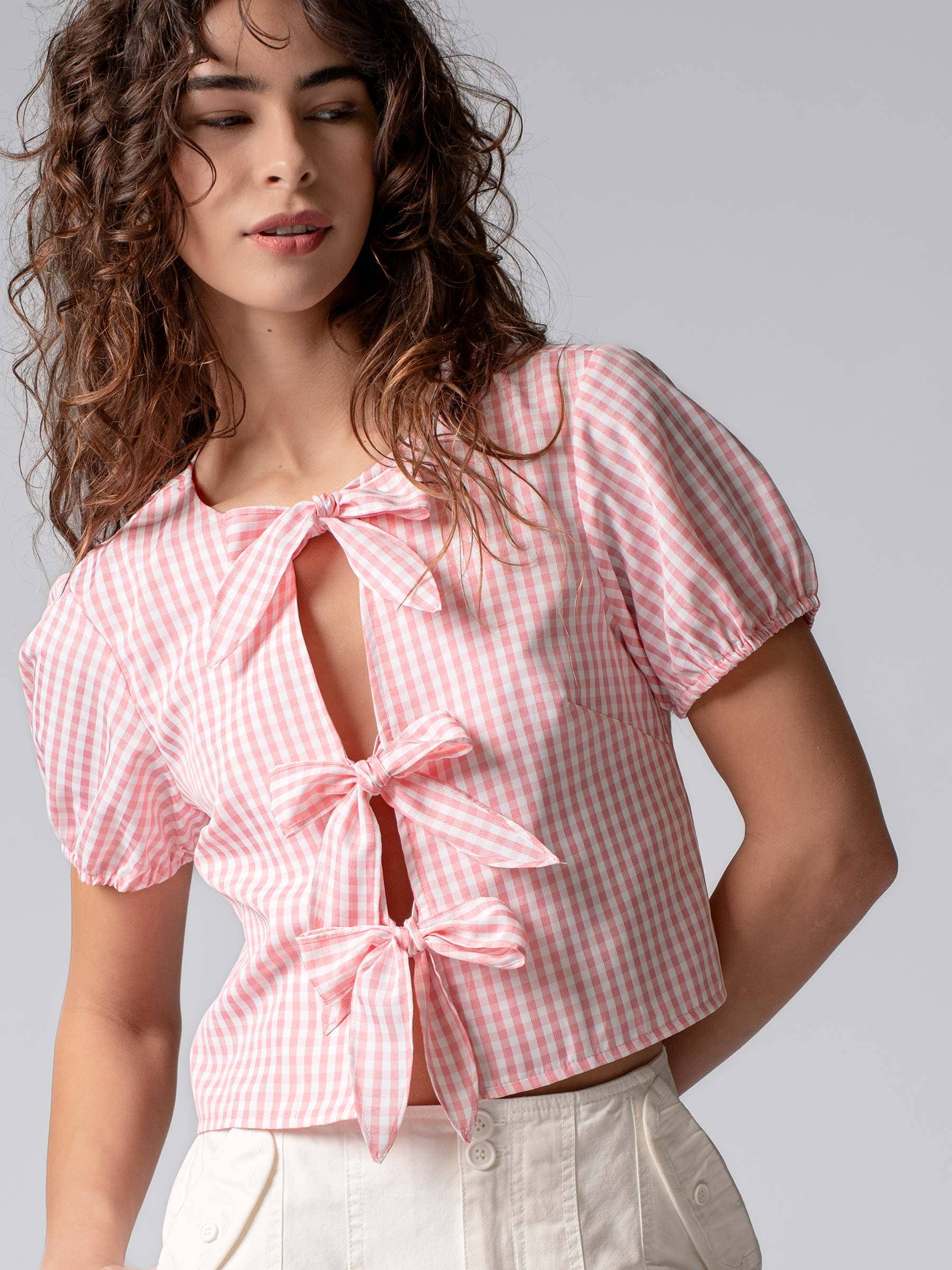 Urban Daizy Gingham Triple Bow Puff Sleeve Crop Top Pink Blouse - Women's (UDZ-TP-01033)