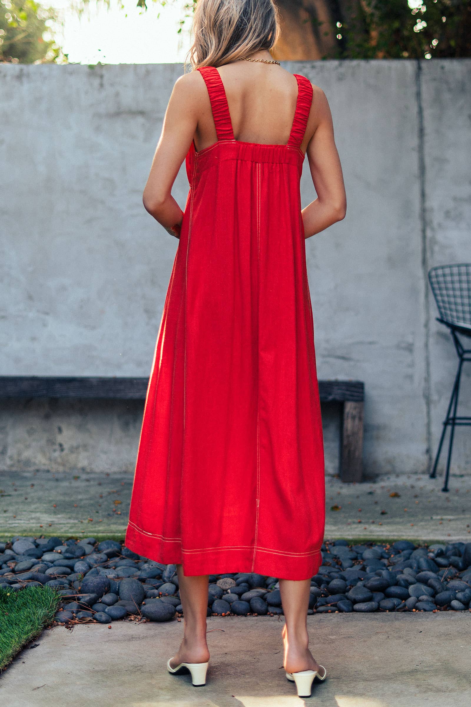 Contrast Stitch Square Neck Tencel Linen Midi Dress