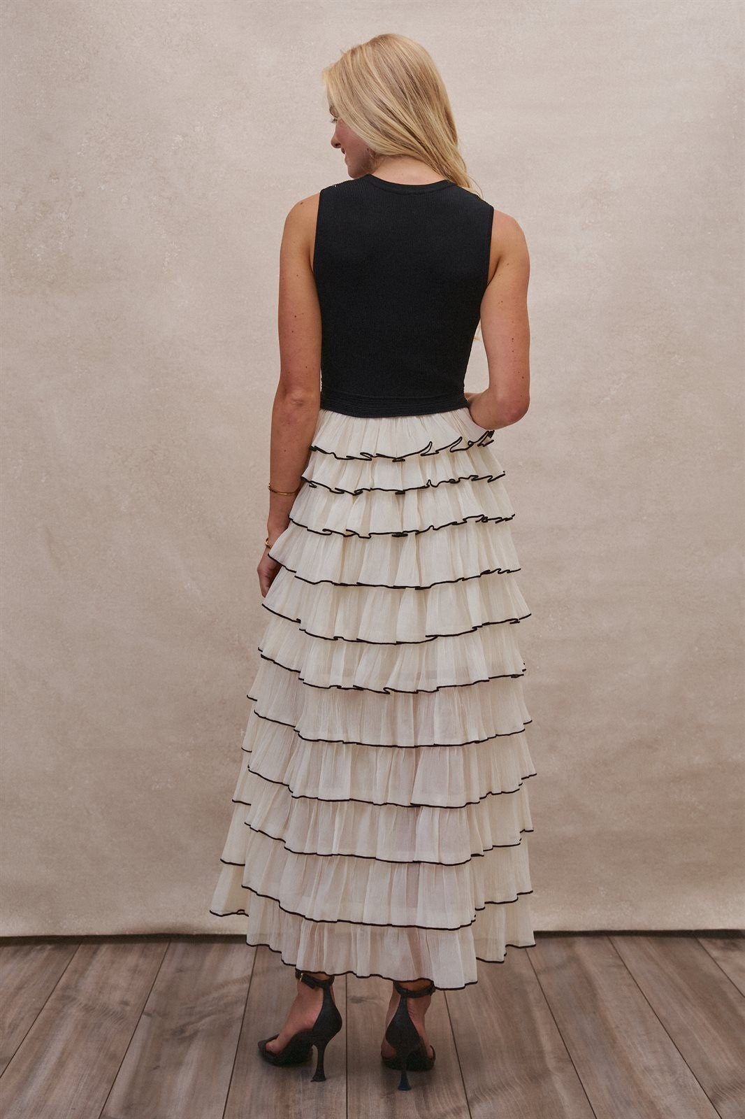 Tiered Ruffle Maxi Dress with Contrast Trim in BLACK - Women's Cocktail Dresses | Urban Daizy