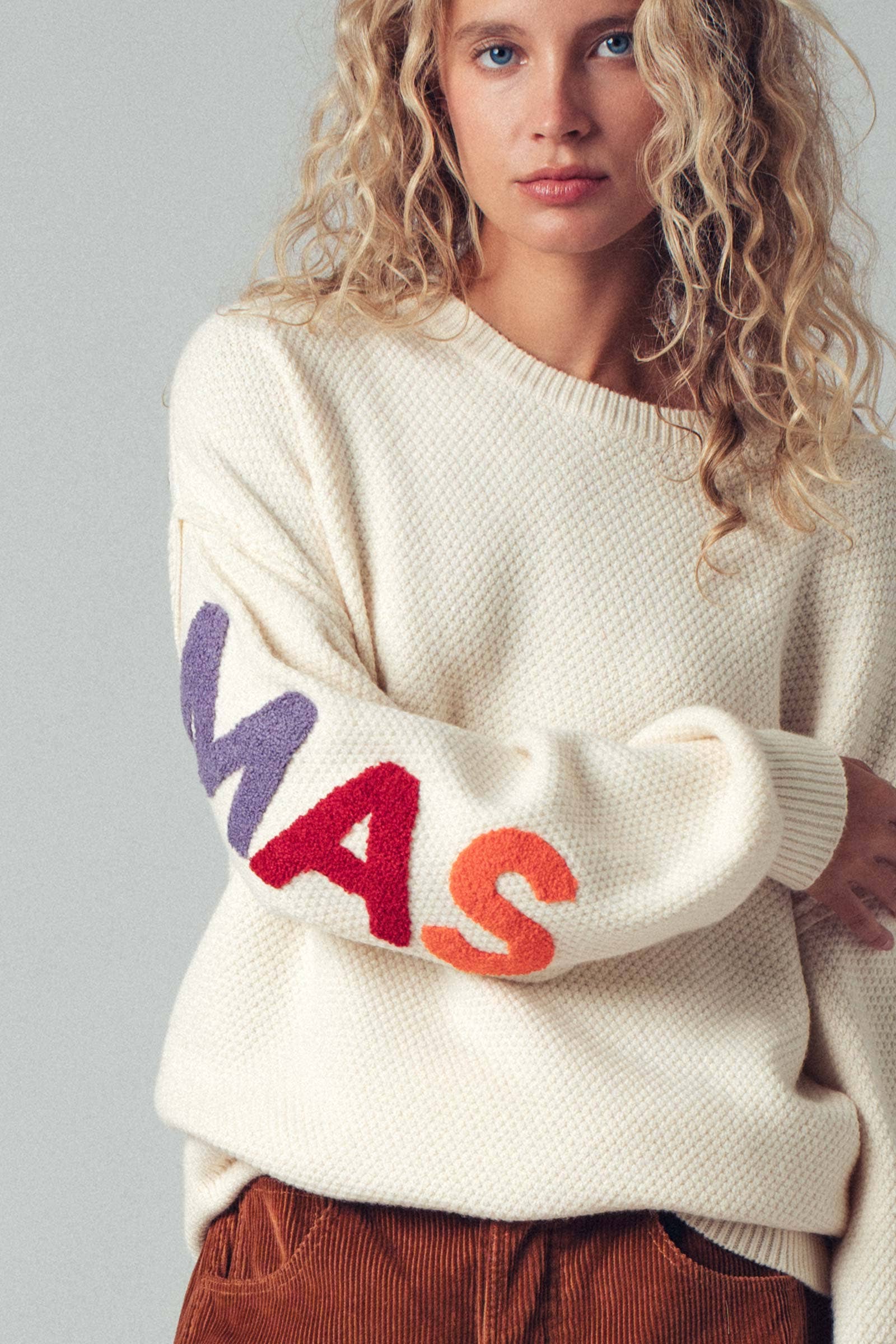 Urban Daizy Rainbow Graphic Lettering Oversized Knit Sweater Cream Knit Sweater - Women's (UDZ-TP-00814) – alternate view 6