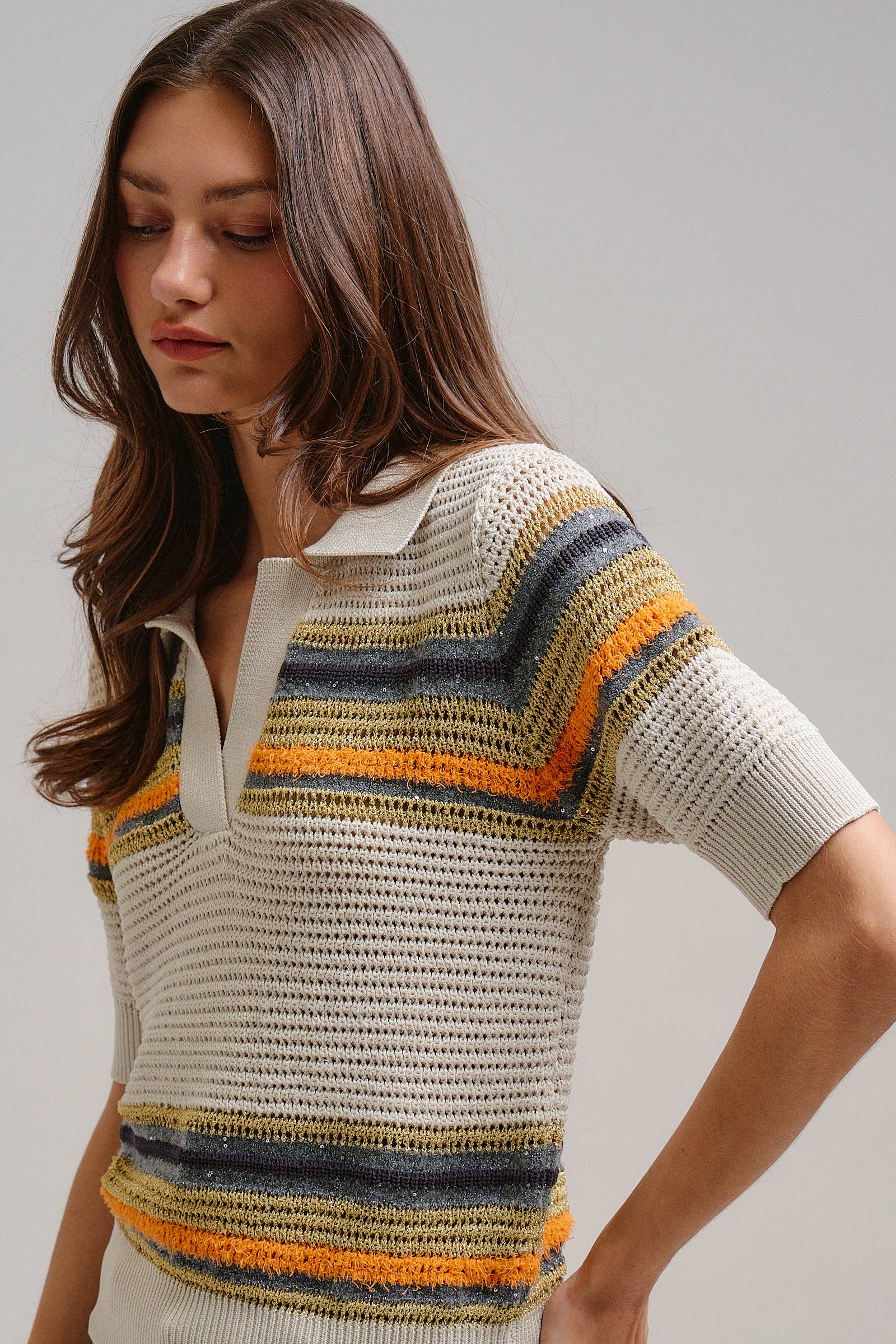 Retro Striped Open Knit V-Neck Polo