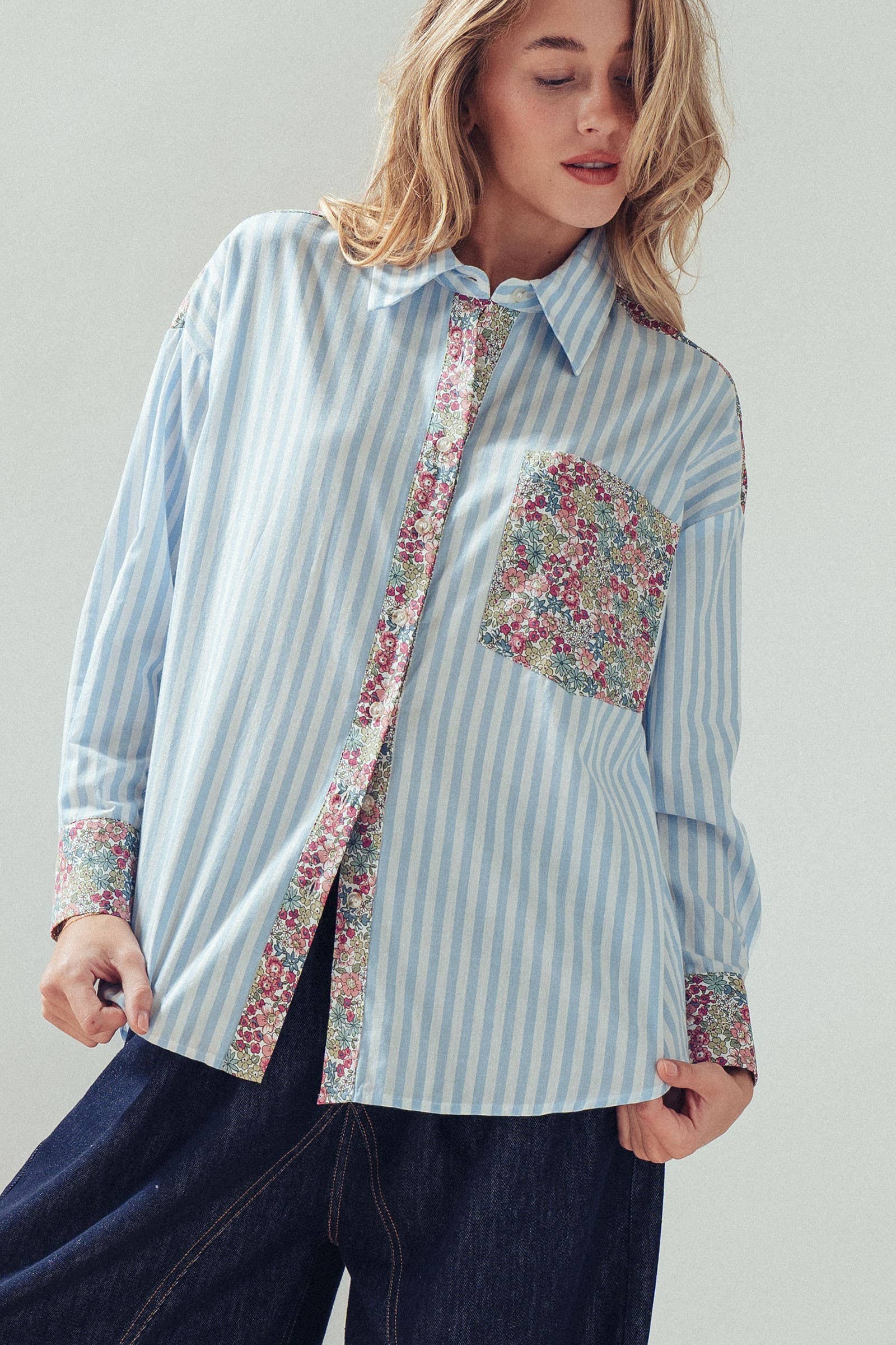 Floral Contrast Mixed Print Striped Shirt