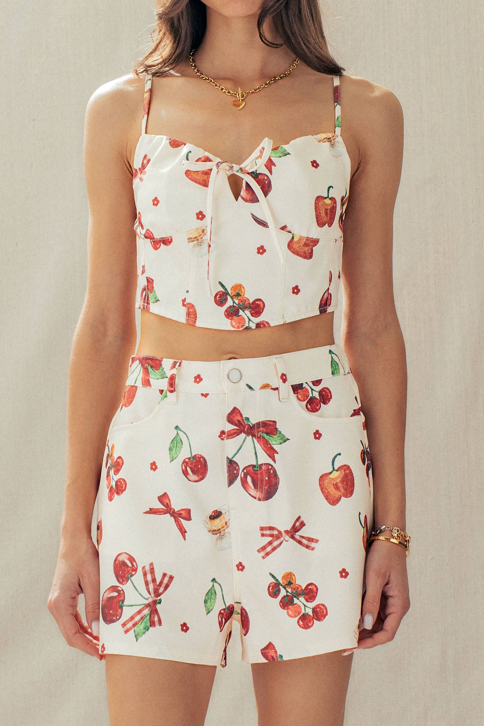 Urban Daizy Cherry & Bow Print Cotton Two-Piece Set Ivory-Multi Top & Short Set (NOT Loungewear) - Women's (UDZ-AC-00237) – alternate view 2