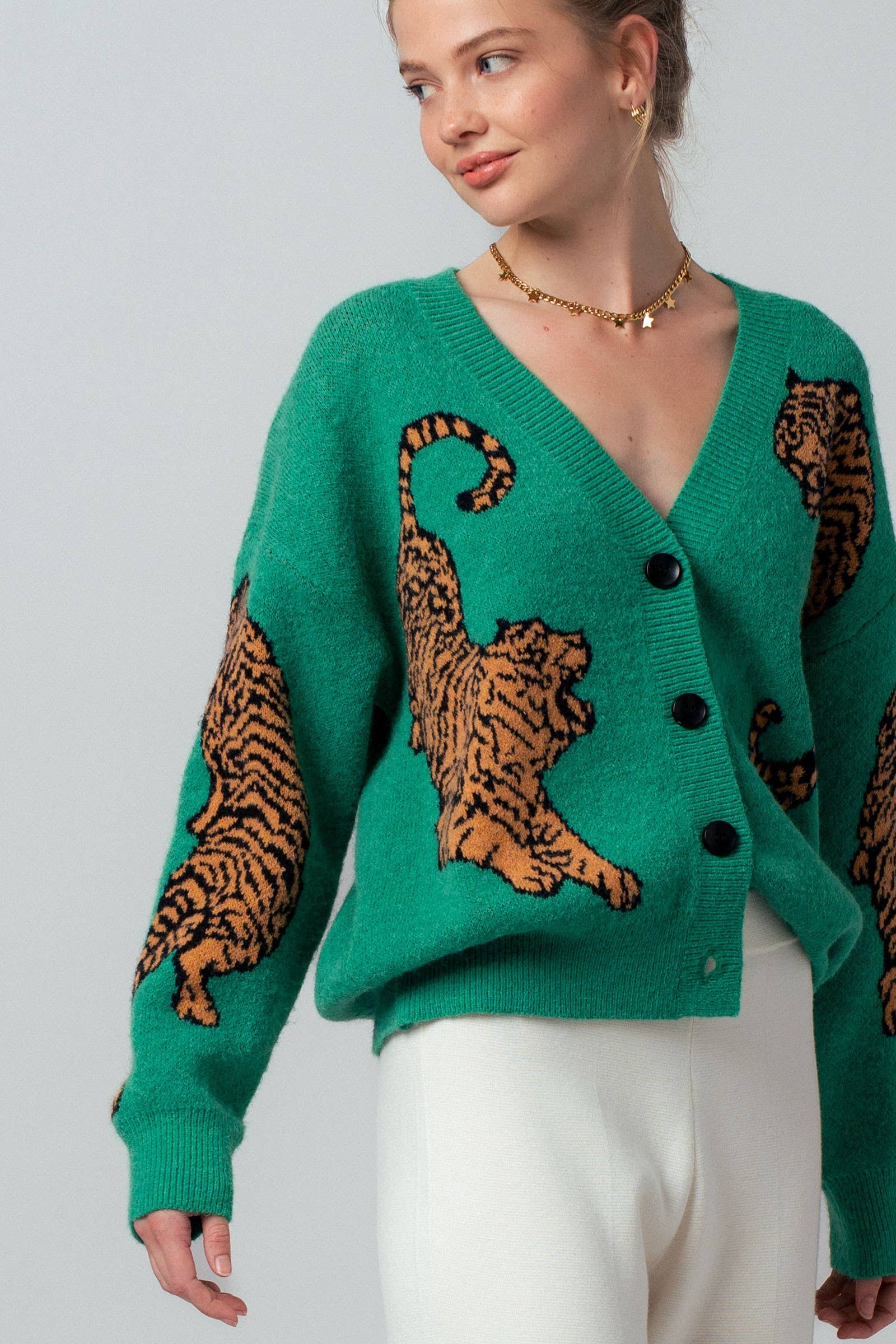 Tiger Jacquard Knit Sweater Cardigan