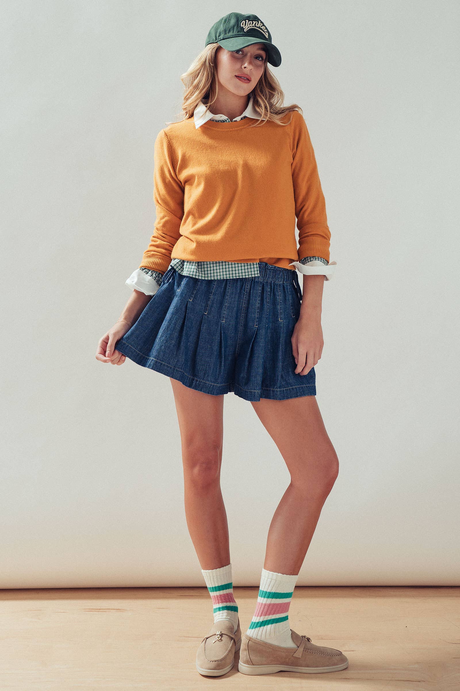 Pleated Denim Soft Shorts With Elastic Waist
