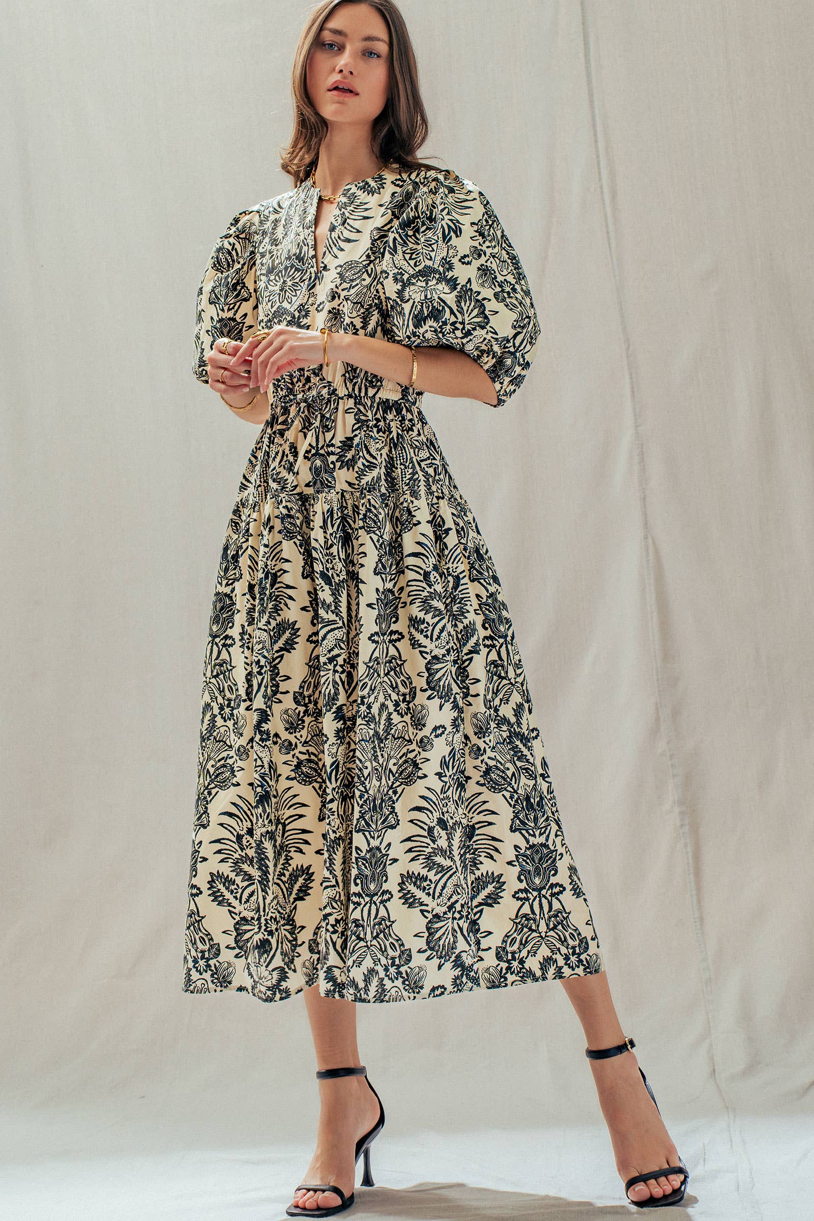 Urban Daizy Botanical Puff Sleeve Cotton Midi Dress Ivory-Black Dress - Women's (UDDR0335-Ivory-Black) – alternate view 2