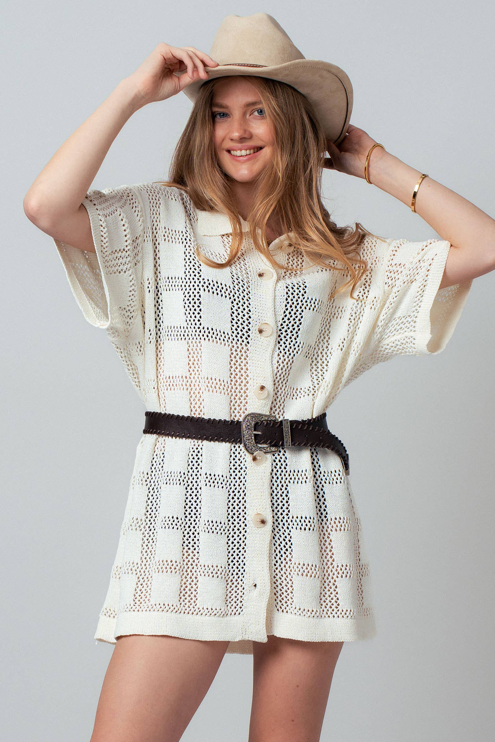 Open-Knit Collared Button-Front Tunic