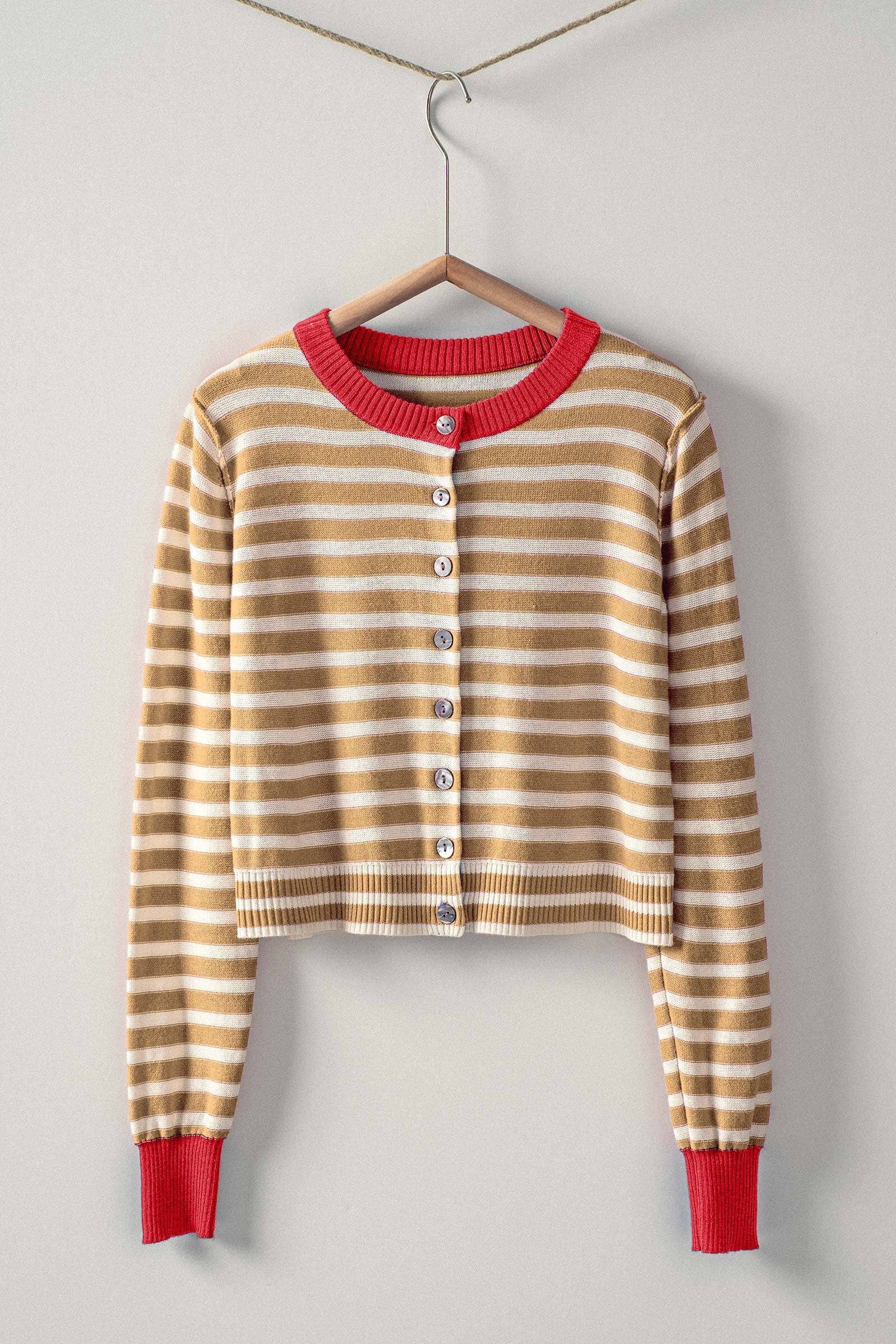 Striped Knit Cropped Button-Up Cardigan