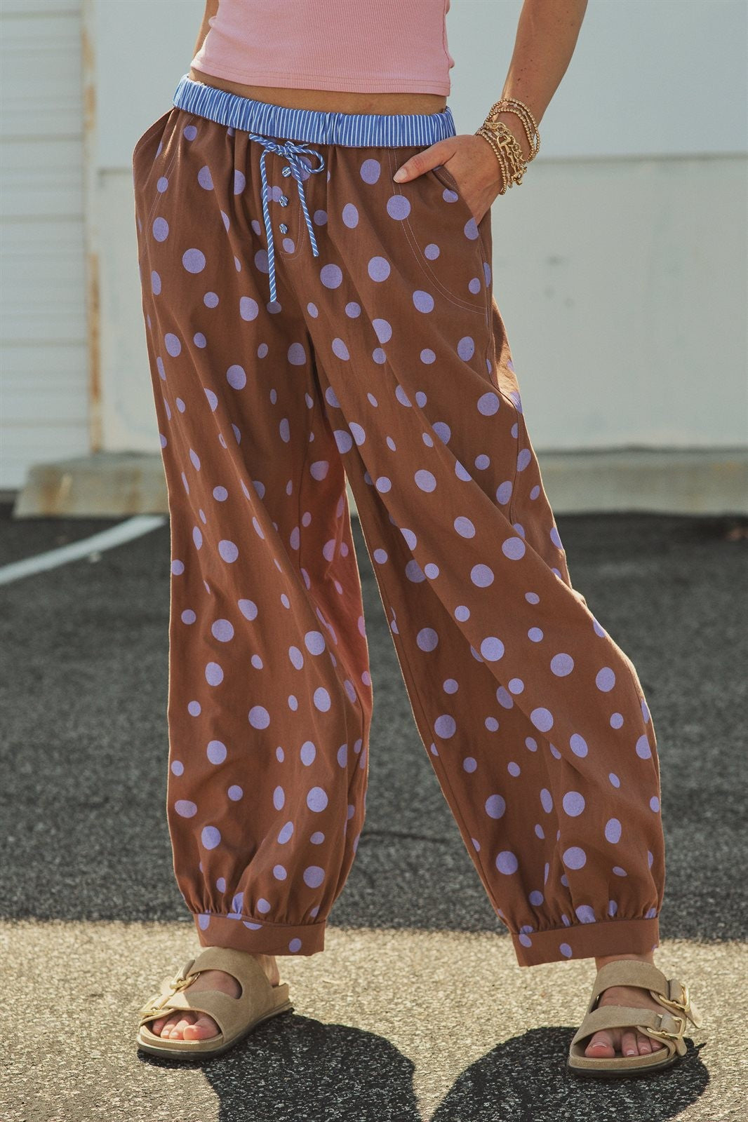 Retro Candy Pop Polka Dot Pants in BROWN BLUE - Women's Pants | Urban Daizy