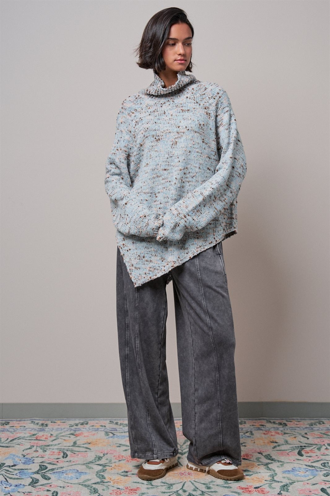 Chunky Knit Mock Neck Oversized Poncho Sweater in BLUE - Women's Sweaters | Urban Daizy