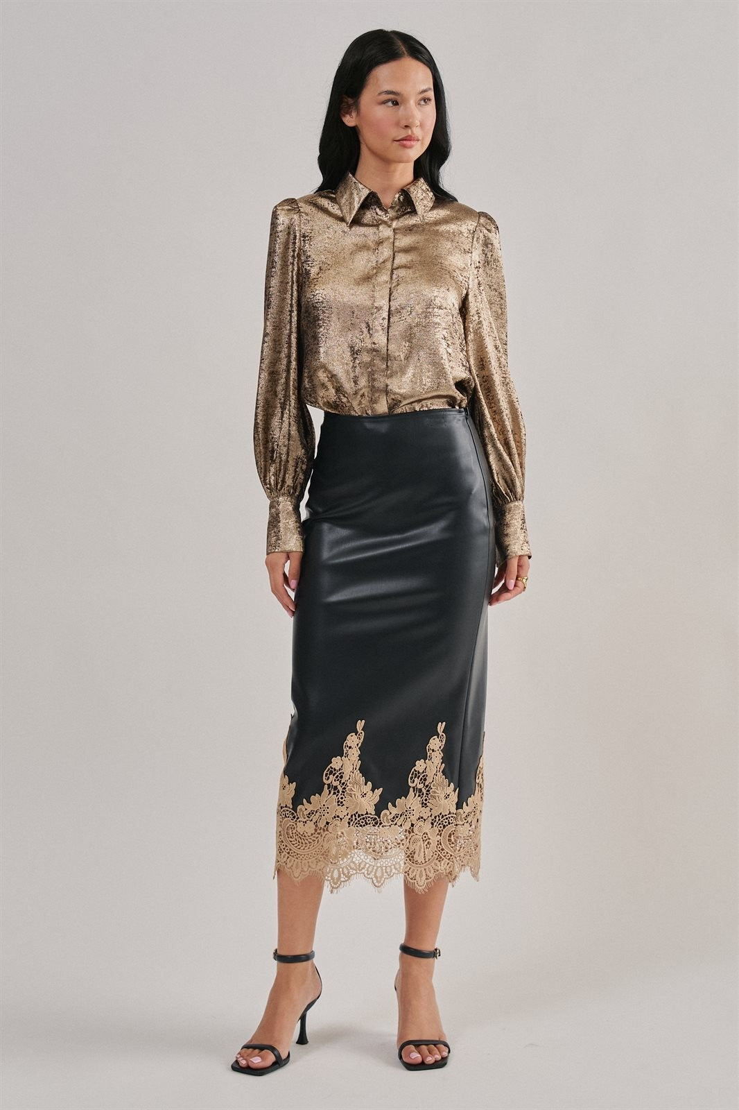 Metallic Shimmer Button Down Blouse with Puff Sleeves in GOLD - Women's Shirts & Blouses | Urban Daizy