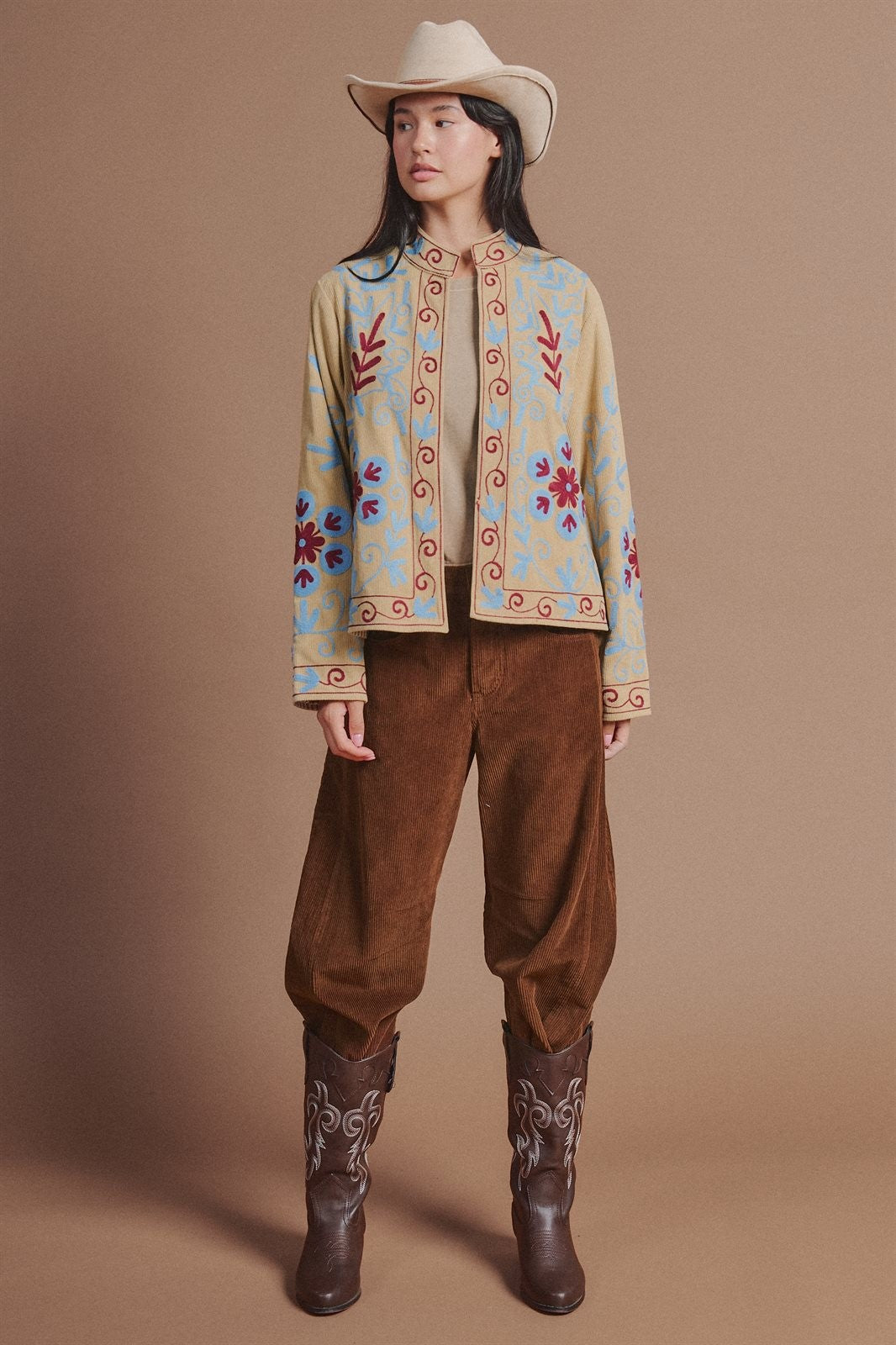 Embroidered Corduroy Jacket with Folk Floral Scroll in KHAKI - Women's Jackets & Blazers | Urban Daizy