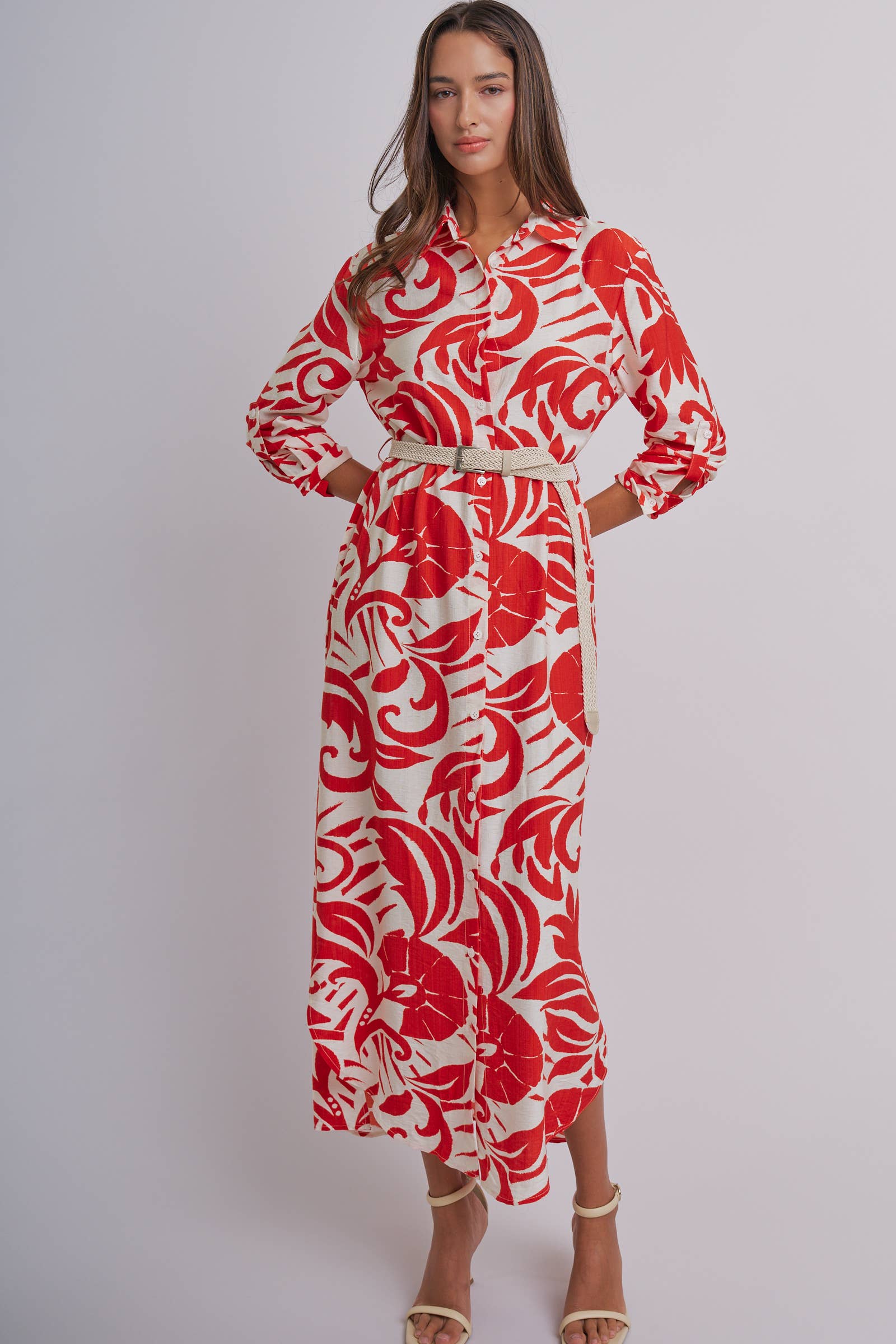 Abstract Floral Belted Button Down Shirt Dress