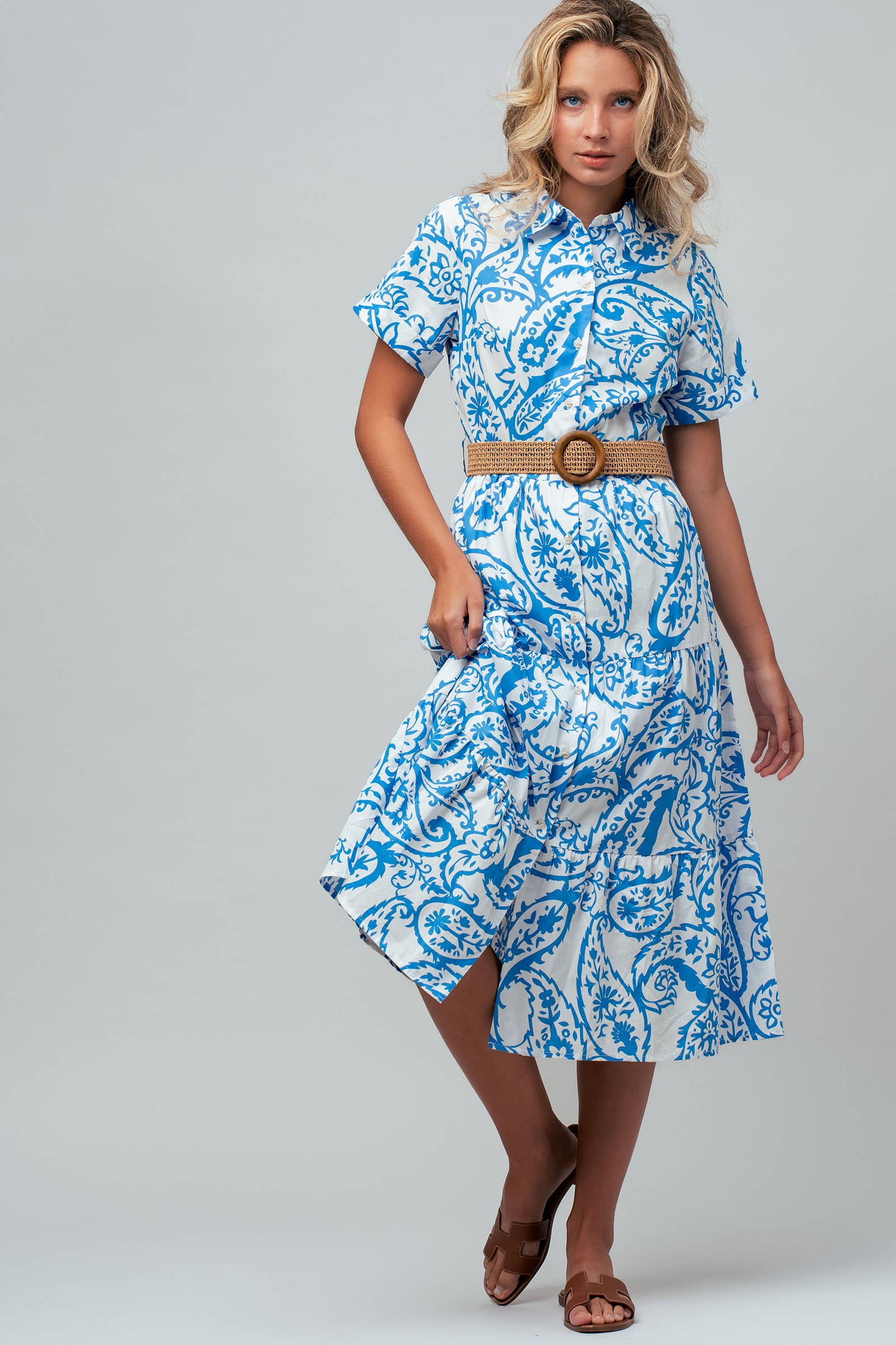 Paisley Cotton Belted Tiered Midi Shirt Dress
