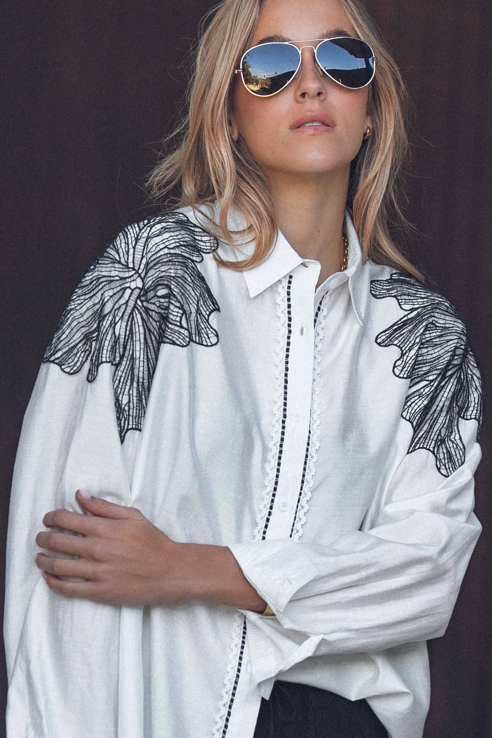 Embroidered Leaf Shoulder Tencel Shirt