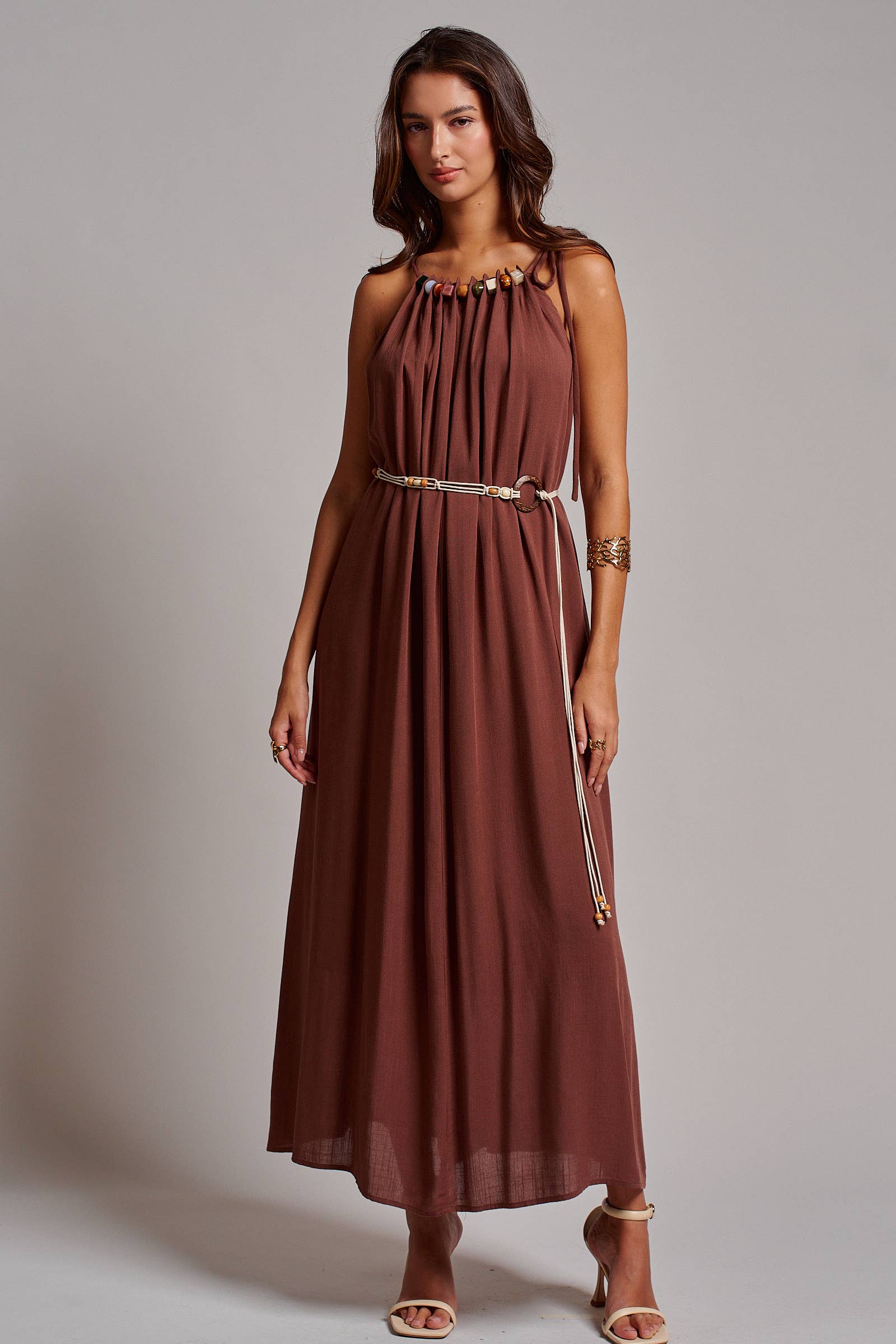 Beaded Halter Neck Linen Blend Maxi Dress
