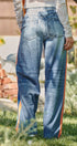 Wide Leg Faux Denim Print French Terry Track Pants with Side in ORANGE BLUE - Women's Casual Pants | Urban Daizy