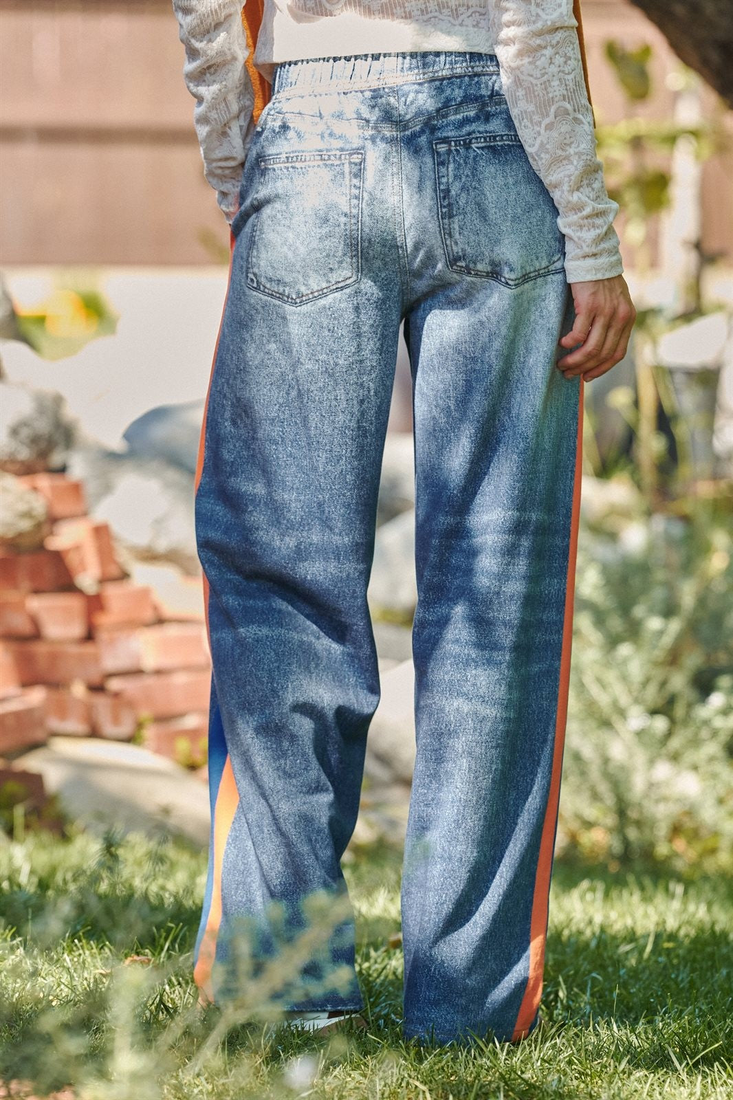 Wide Leg Faux Denim Print French Terry Track Pants with Side in ORANGE BLUE - Women's Casual Pants | Urban Daizy