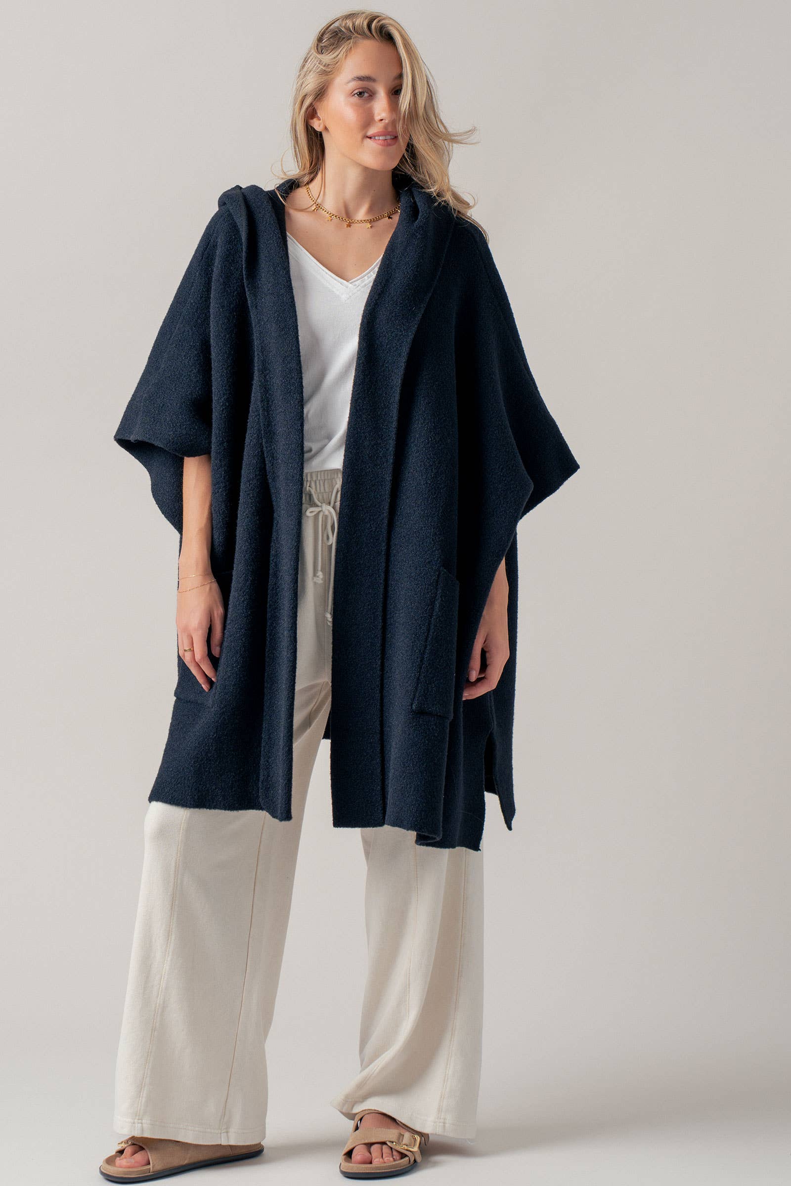 Oversized Cozy Hooded Open Front Knit Poncho