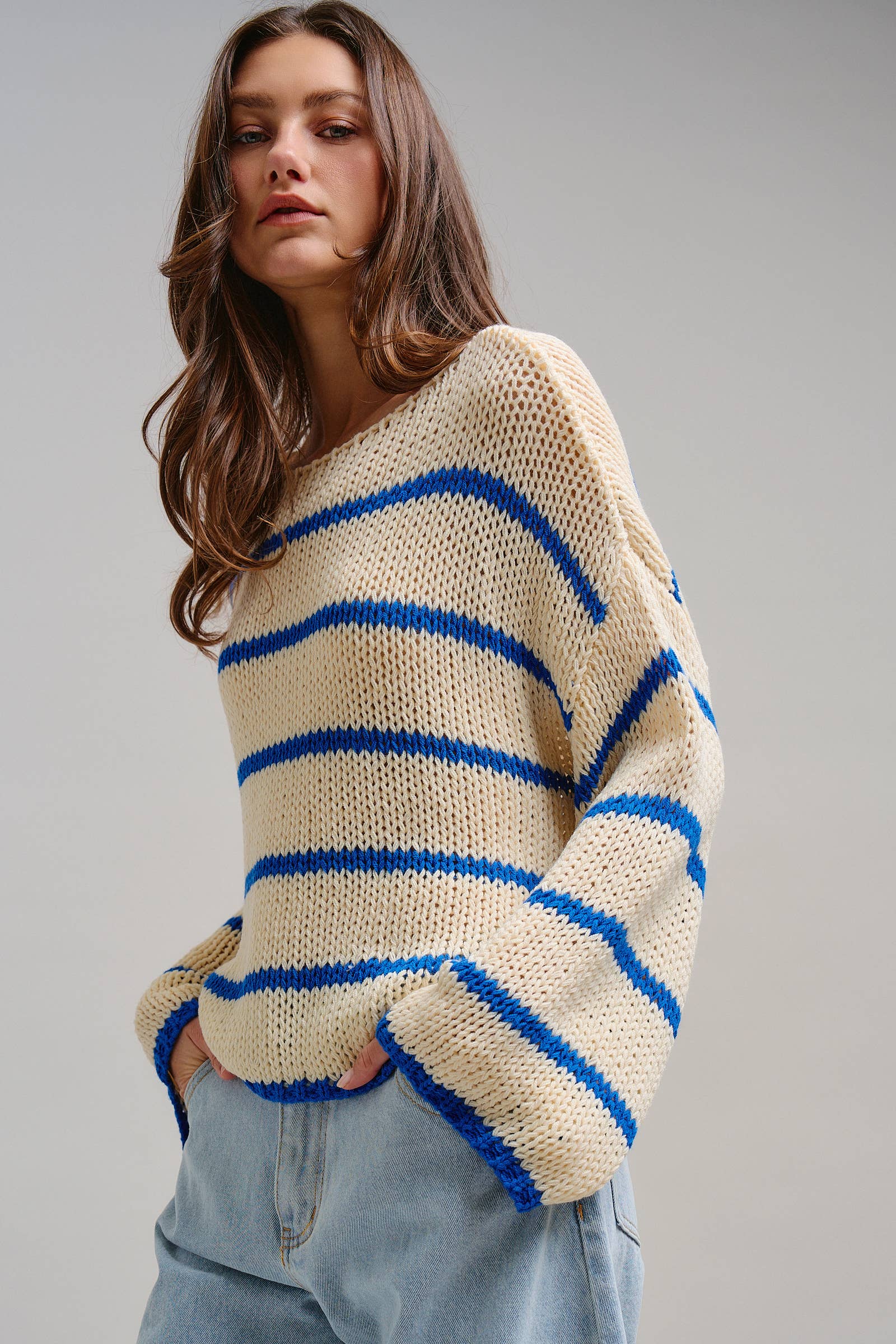 Nautical Striped Open Knit Slouchy Sweater