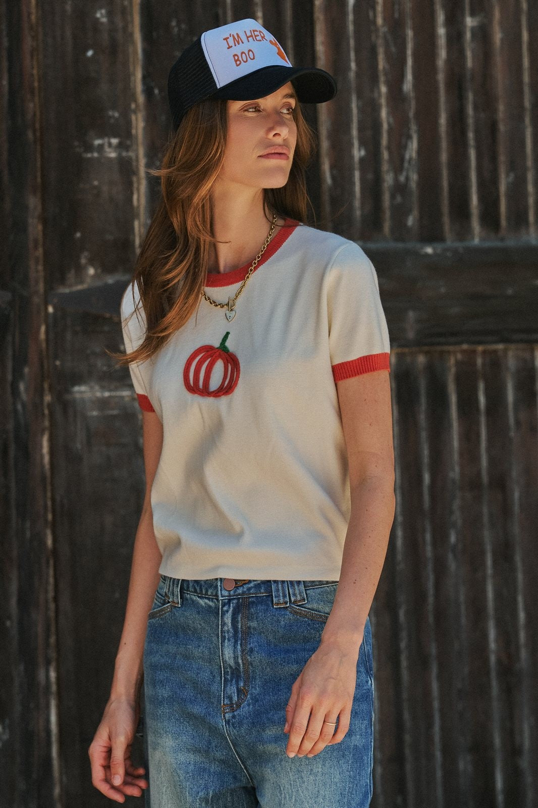 Pumpkin Embroidered Crew Neck Knit Tee in IVORY - Women's Sweaters | Urban Daizy