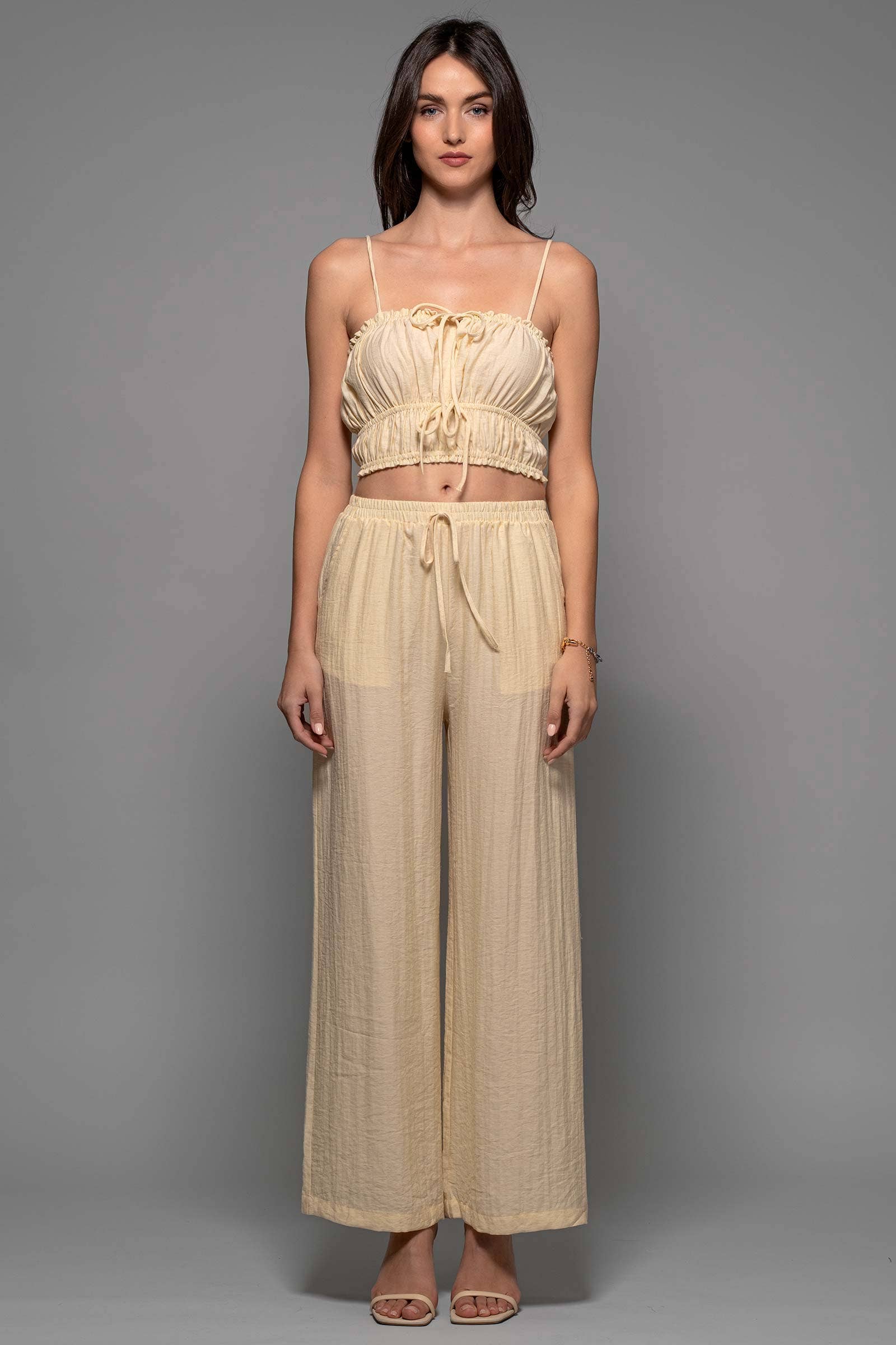 Linen-Blend Smocked Crop Top and Wide-Leg Pants Set