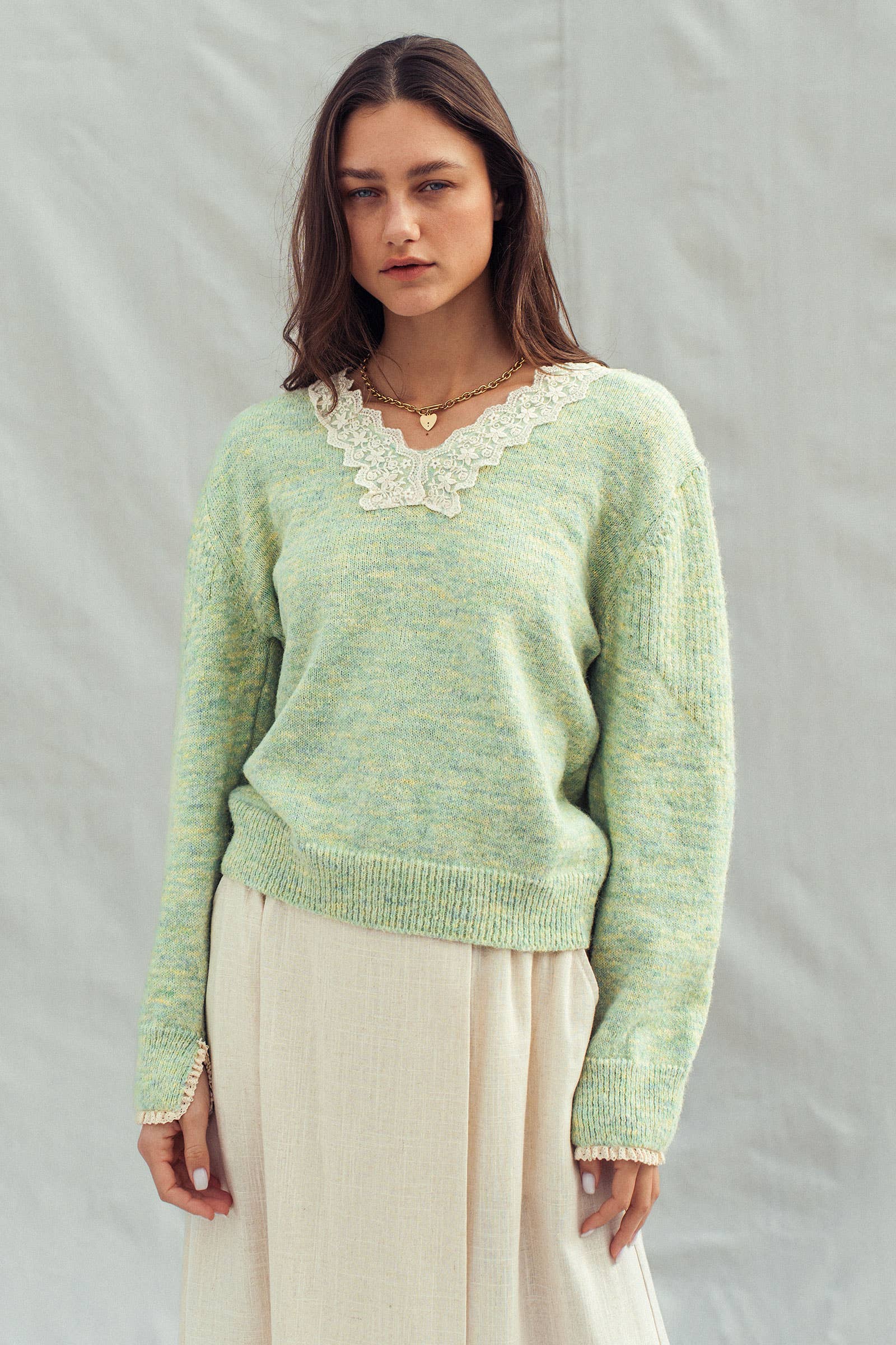 Lace Trim V-Neck Heathered Knit Sweater