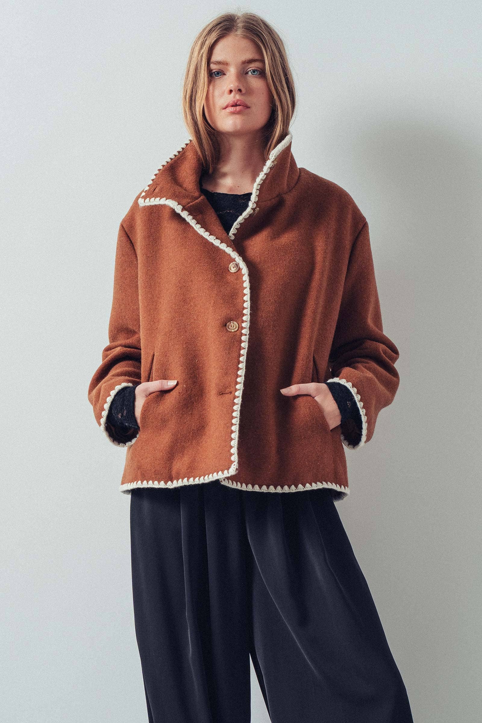 Embroidered Trim Wool-Blend Jacket