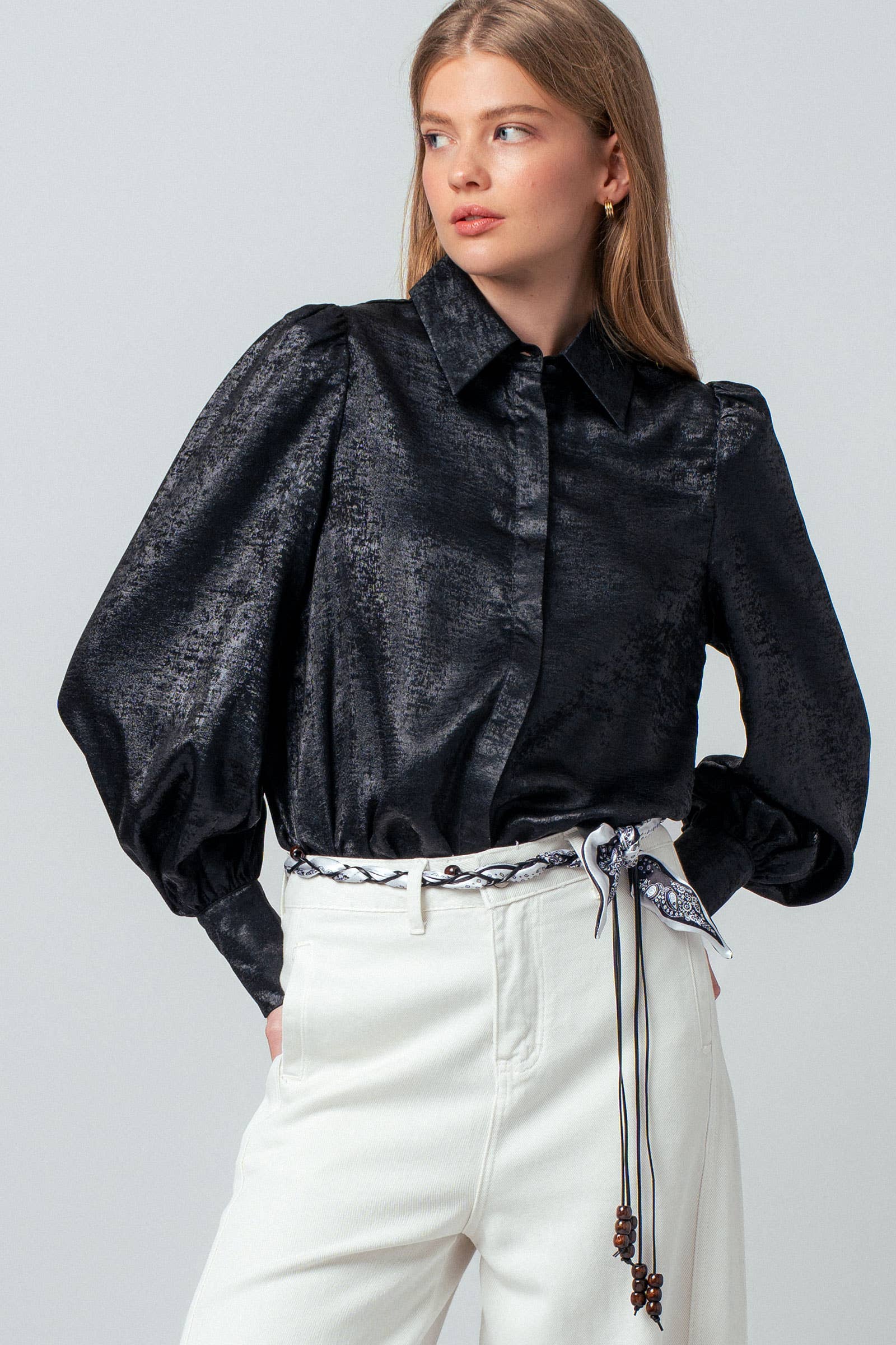 Metallic Billowy Sleeve Button Down Blouse