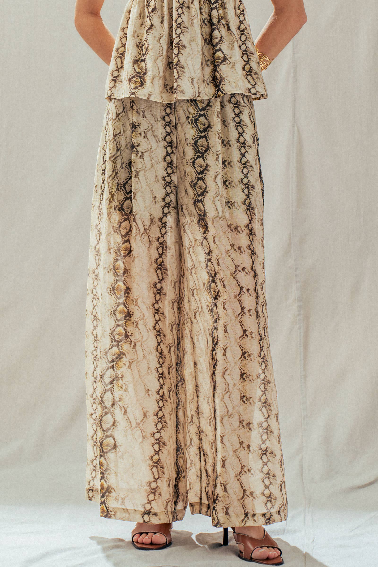 Snake Print Wide Leg Pants Linen Blend