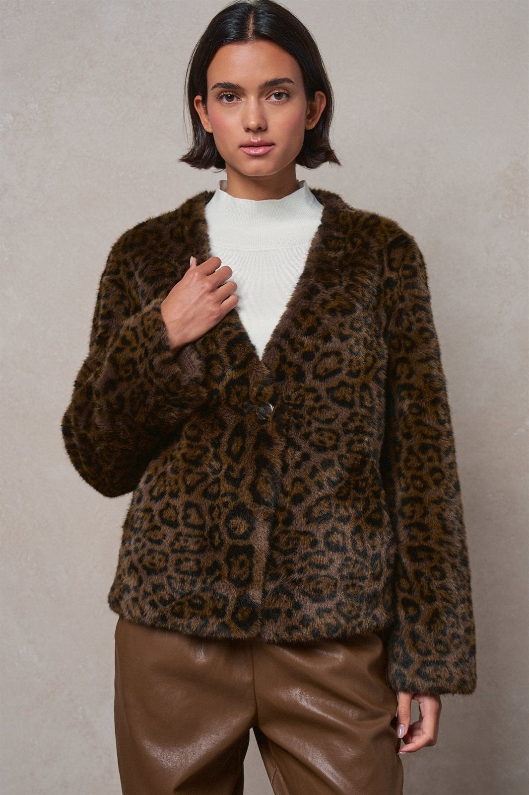 Leopard Print Faux Fur V-Neck Jacket in BROWN - Women's Jackets & Blazers | Urban Daizy