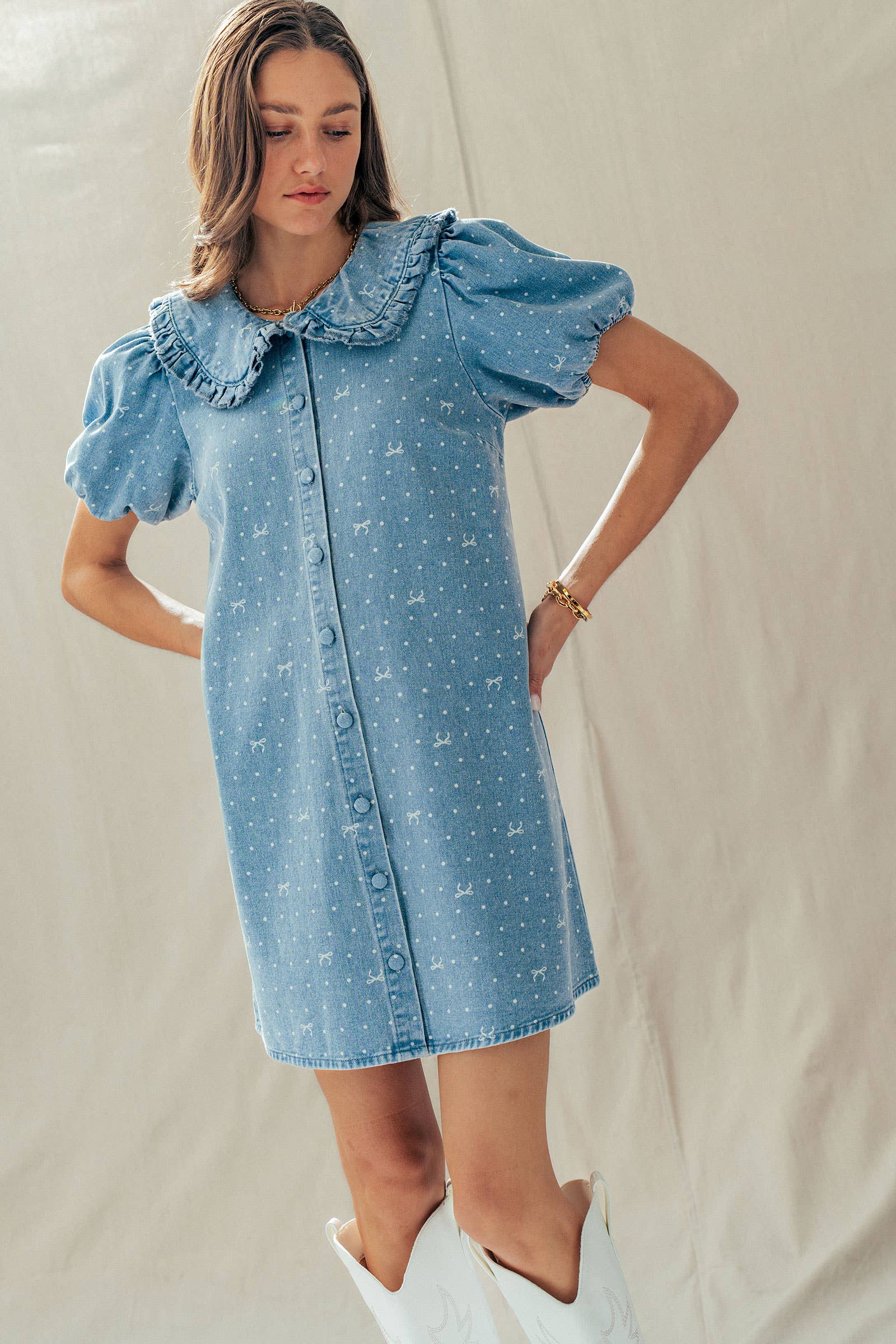 Bow Print Denim Mini Dress Ruffle Collar