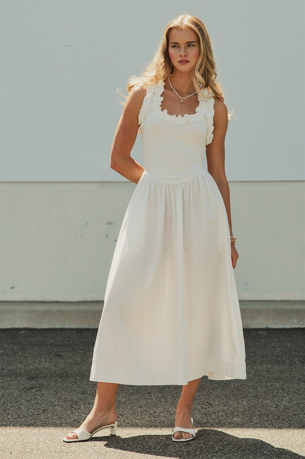 Soft Ruffle Bodice Midi Dress in WHITE - Women's Dresses | Urban Daizy