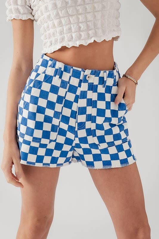 Retro Checkerboard Raw Hem Denim Shorts