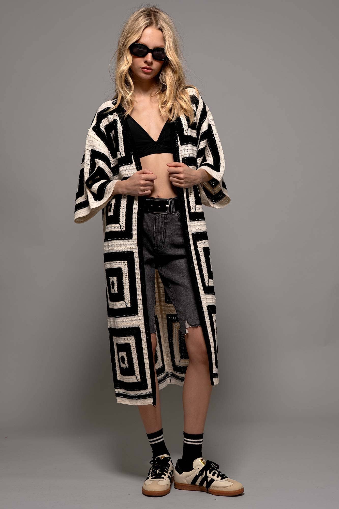 Urban Daizy Geometric Crochet Midi Length Open Front Cardigan Black Cardigan - Women's (UDZ-KN-00277) – alternate view 8