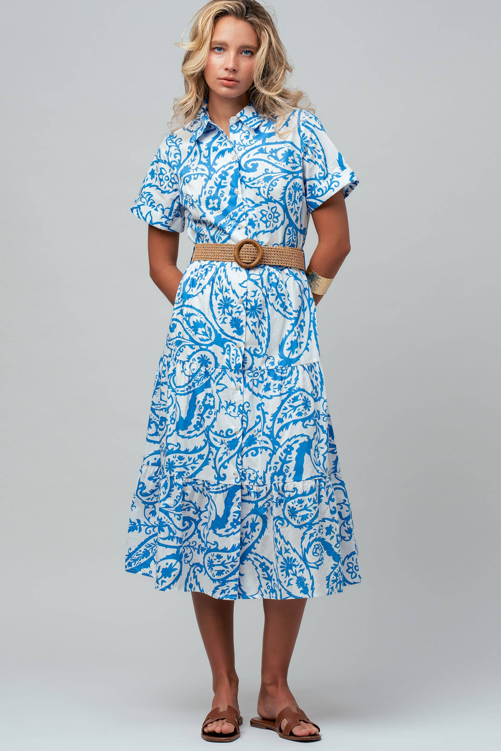 Paisley Cotton Belted Tiered Midi Shirt Dress