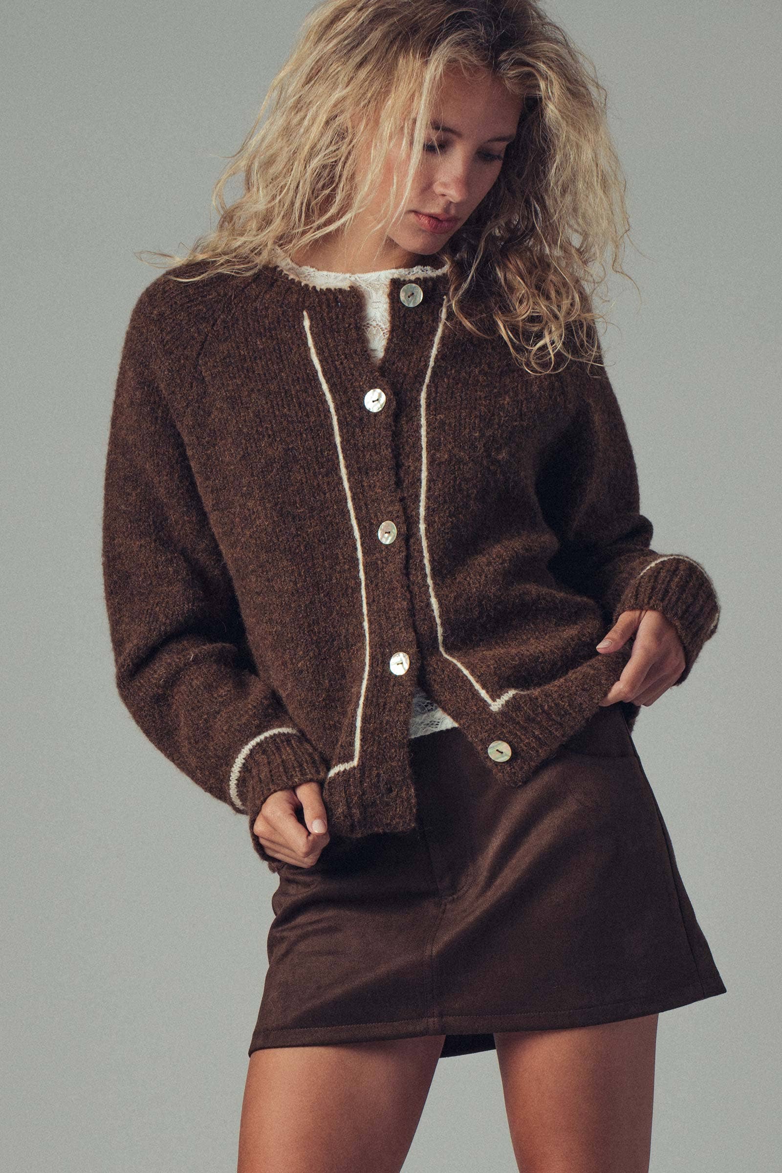 Urban Daizy Contrast Trim Boho Knit Button Cardigan Grey Cardigan - Women's (UDZ-PT-00355) – alternate view 3