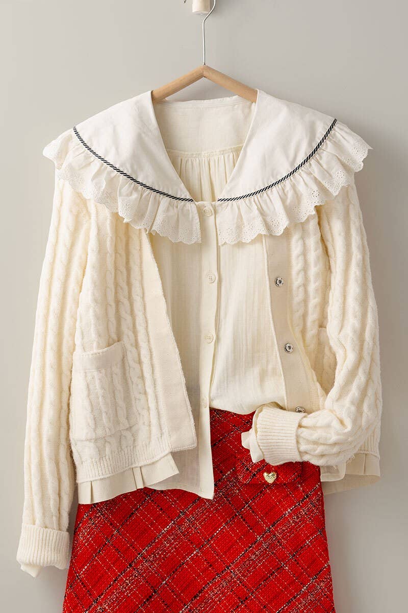 Urban Daizy Cable Knit Snap Front Ribbed Trim Long Sleeve Sweater Ivory Cardigan - Women's (UDZ-KN-00628) – alternate view 25