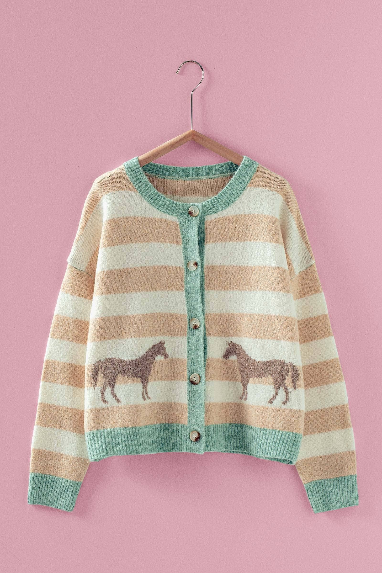 Urban Daizy Horse Jacquard Striped Crew Neck Cardigan Pink Cardigan - Women's (UDZ-OT-00168) – alternate view 2
