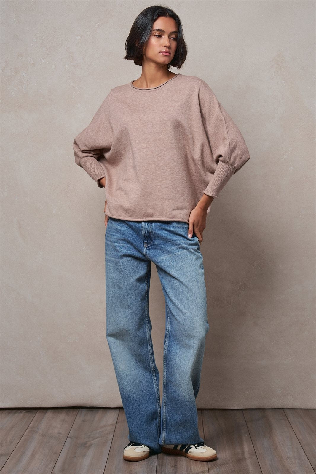 Dolman Sleeve Knit Top Boat Neck Boho Slouchy Sweater in MOCHA - Women's Sweaters | Urban Daizy