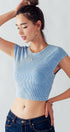 Urban Daizy Ribbed Knit Crop Short Sleeve Fitted Casual Spring Top Blue Knit Top - Women's (UDZ-TP-00081) – alternate view 5
