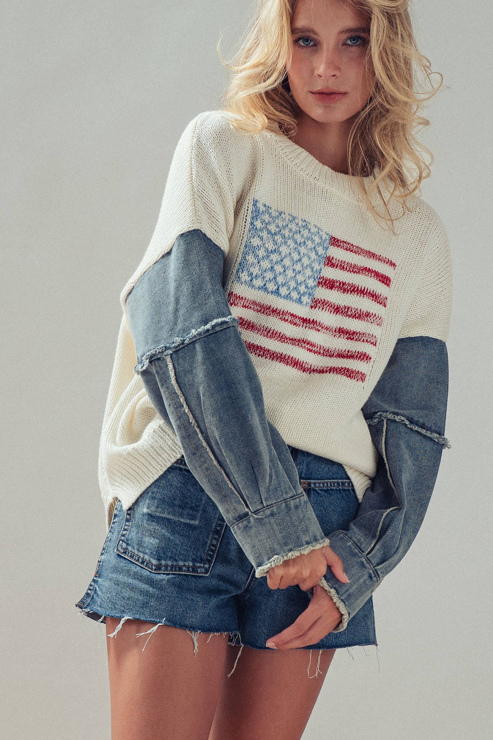 American Flag Mixed Media Denim Sleeve Sweater