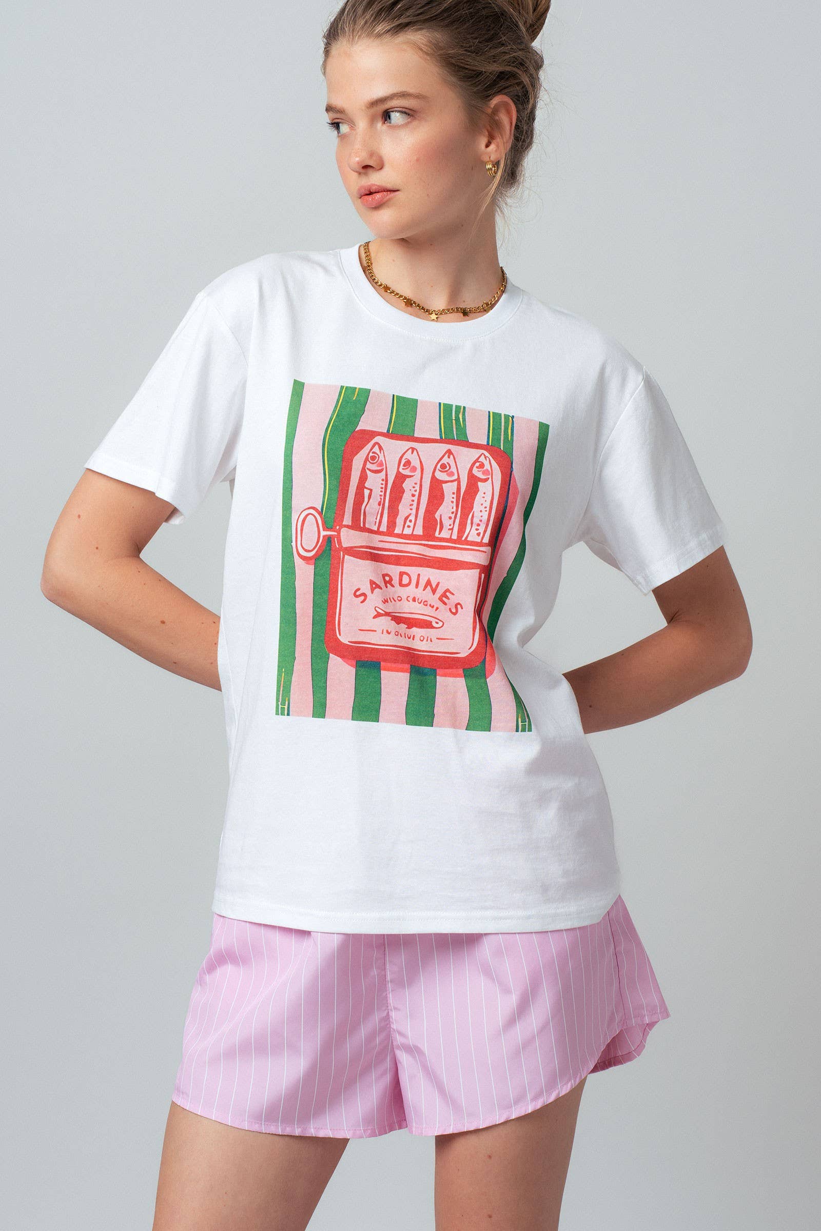 Sardine Graphic Tee and Striped Shorts Set