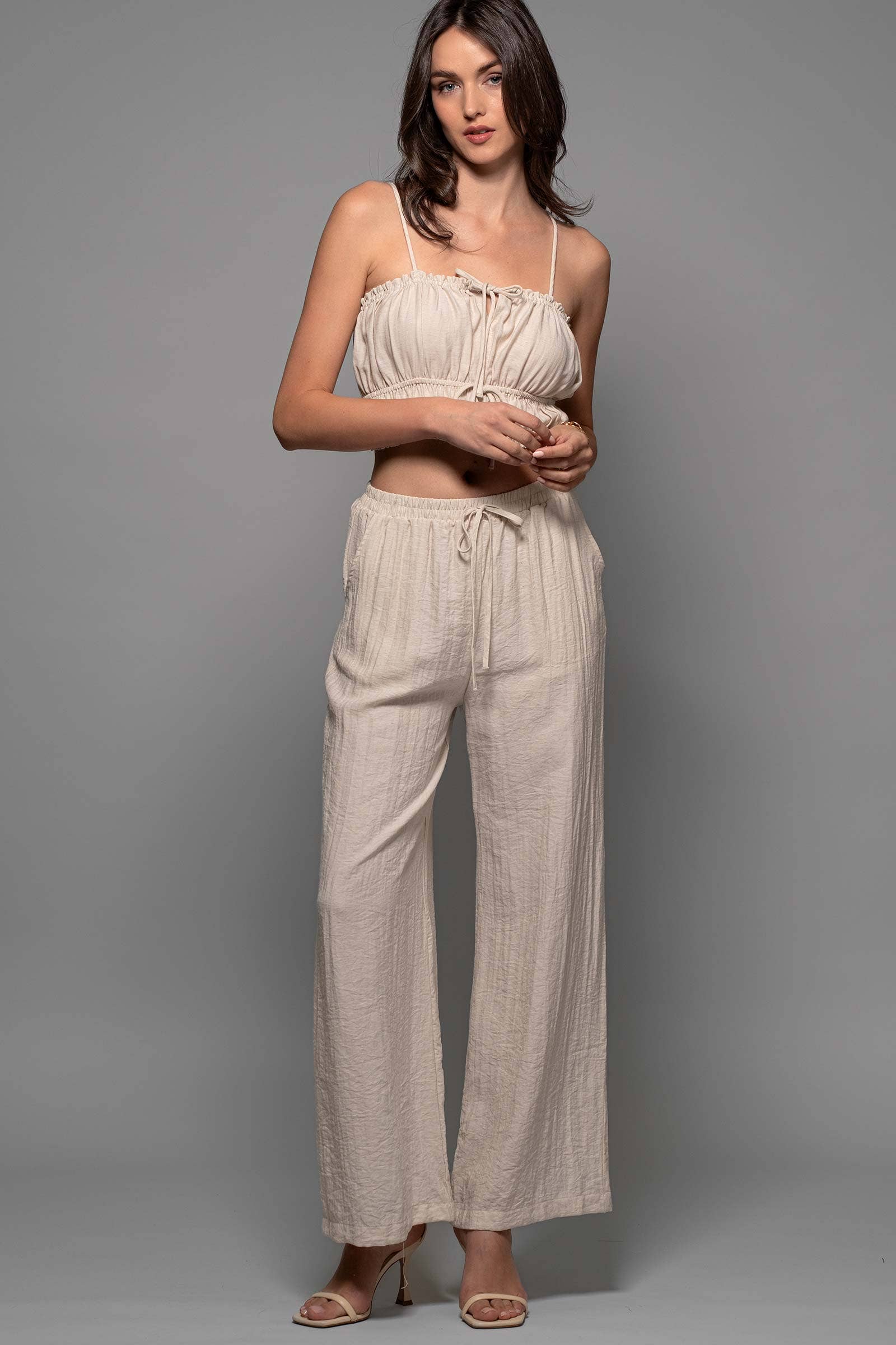 Linen-Blend Smocked Crop Top and Wide-Leg Pants Set