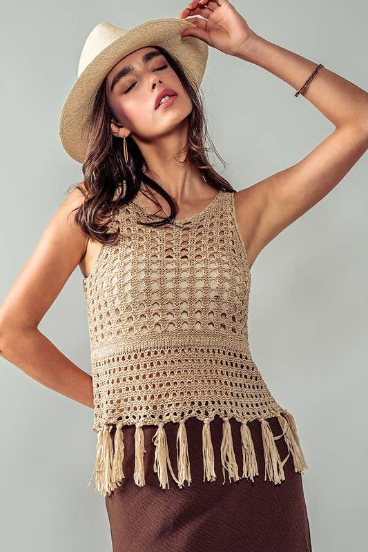 Urban Daizy Crochet Knit Boho Tassel Hem Summer Cover Top Khaki Knit Top - Women's (UDZ-TP-00504)