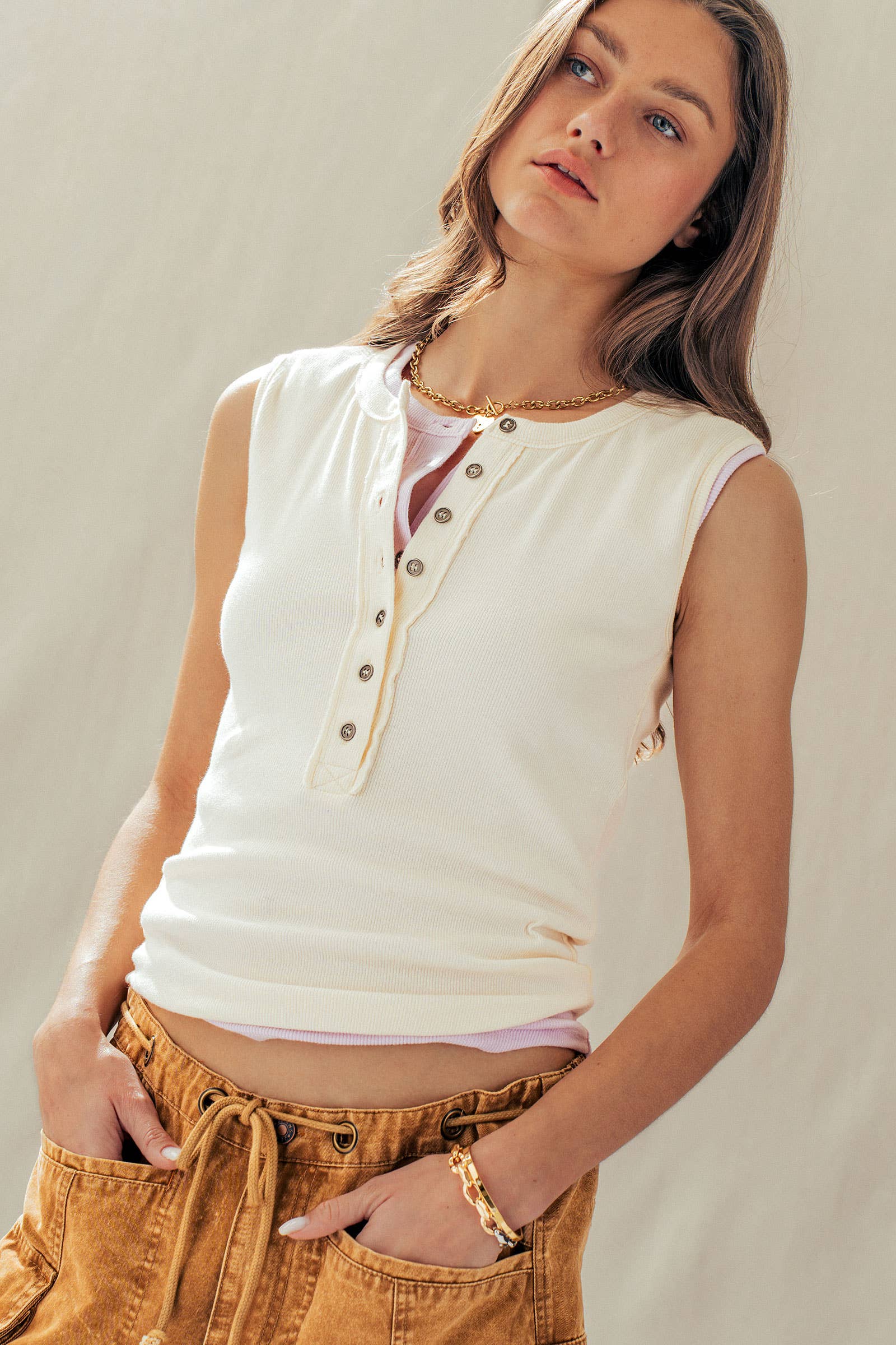 Raw Edge Ribbed Henley Tank