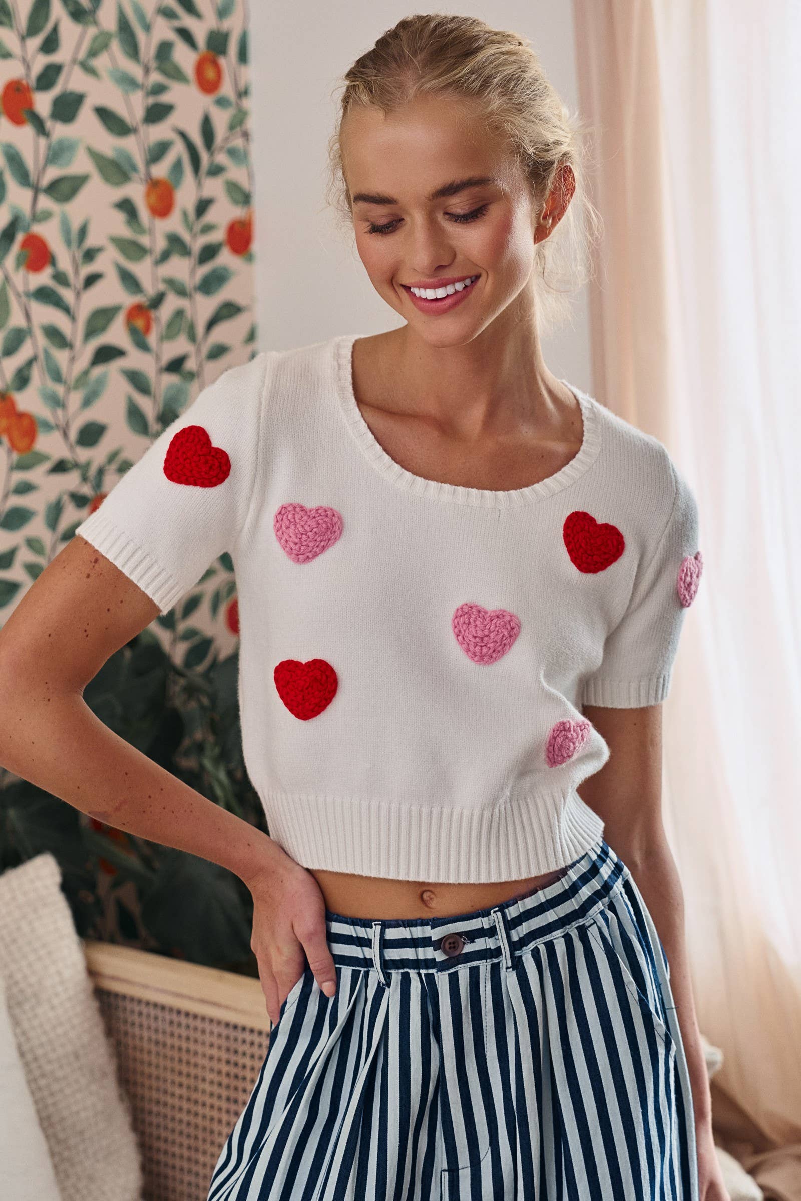 Crochet Heart Applique Knit Sweater Top