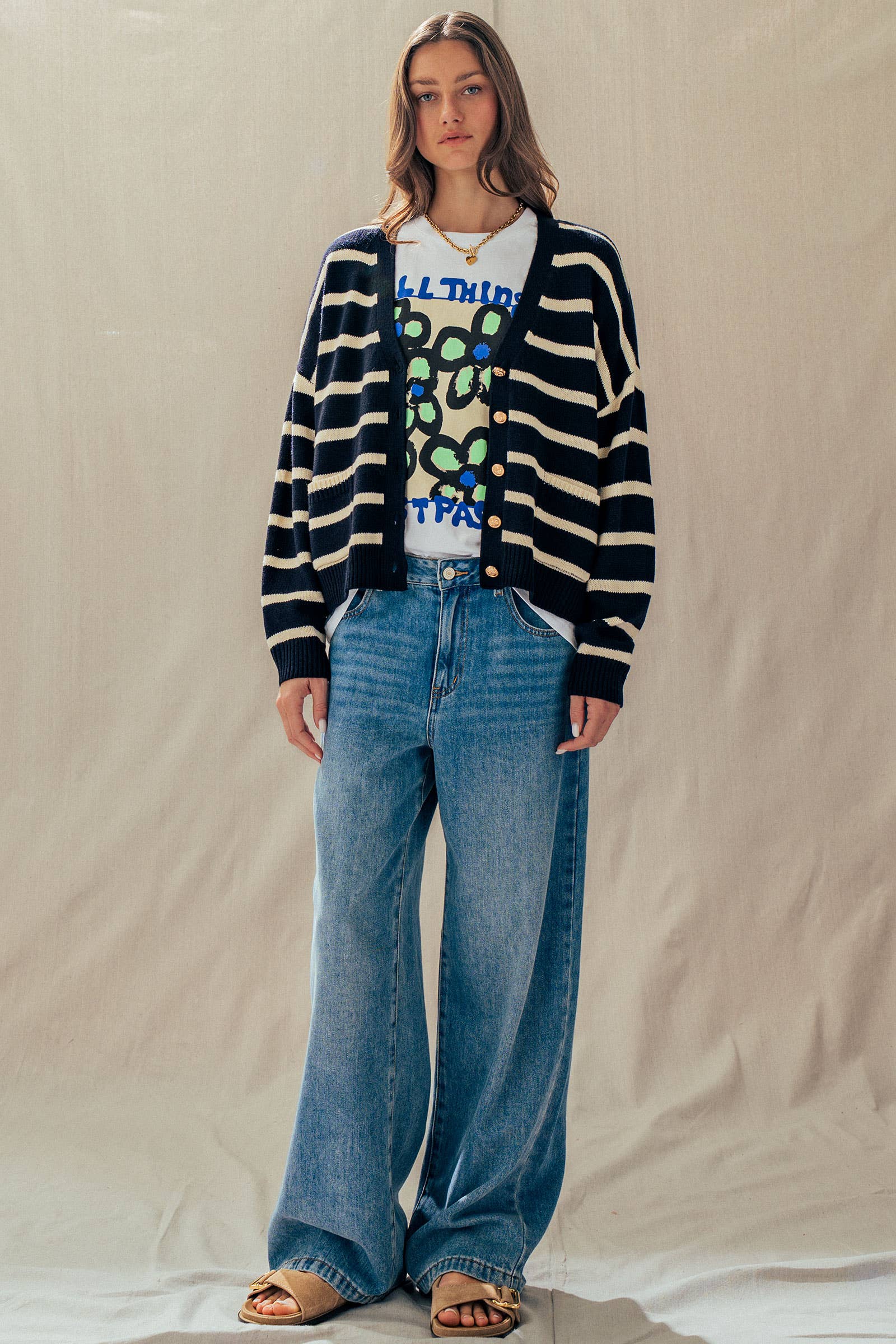 Striped Cropped V Neck Embellished Button Cardigan